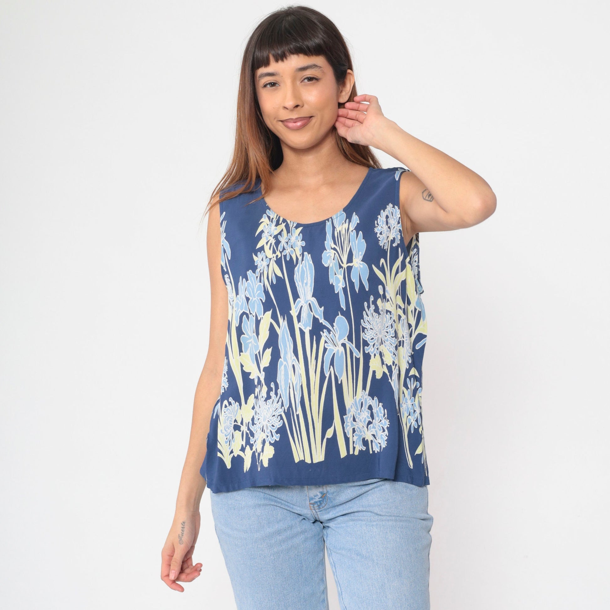 90s Blue Iris Floral Tank Top Sleeveless Blouse Extra Large XXL