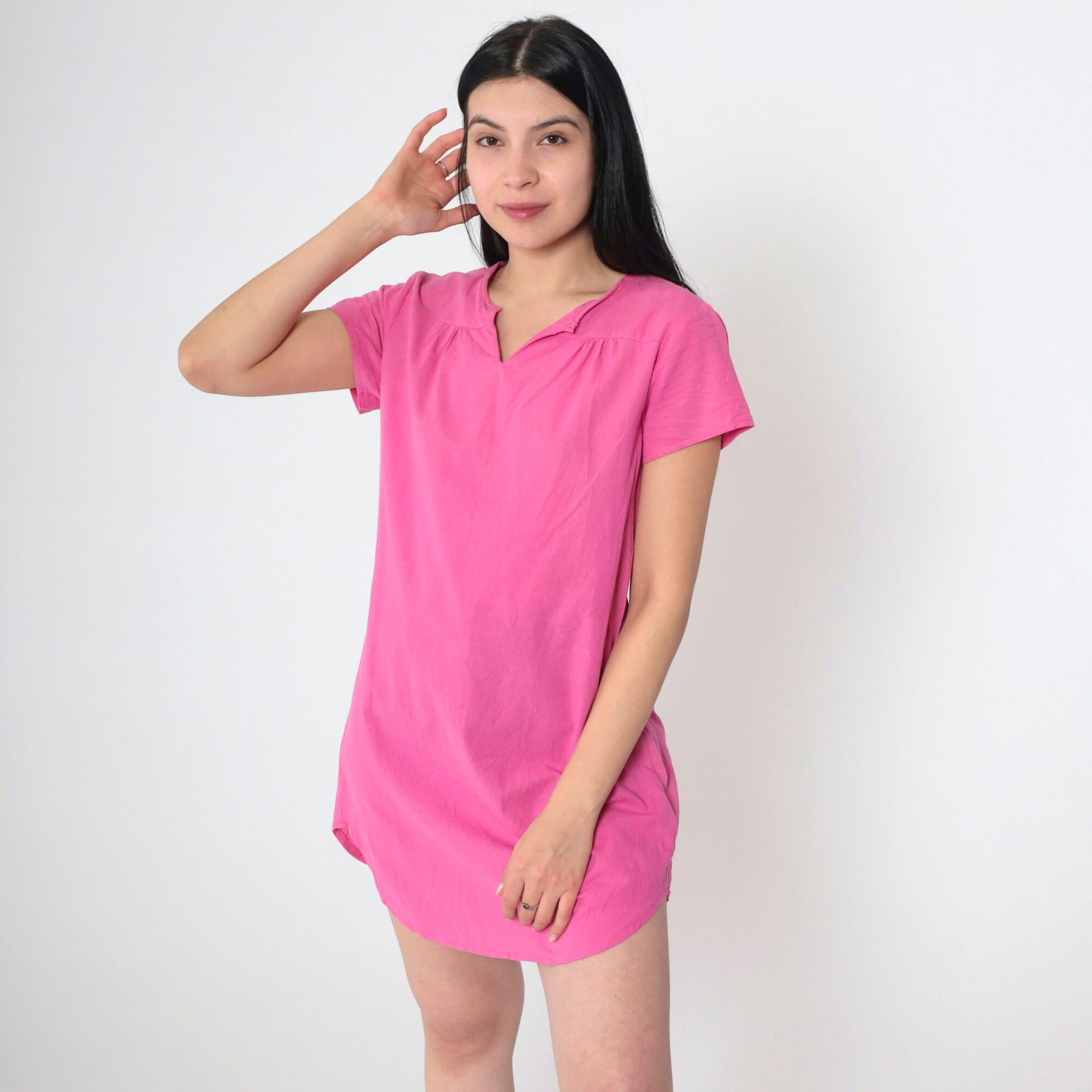 90s Pink T-Shirt Dress Micro Mini Slit Neckline Short Sleeve Small S