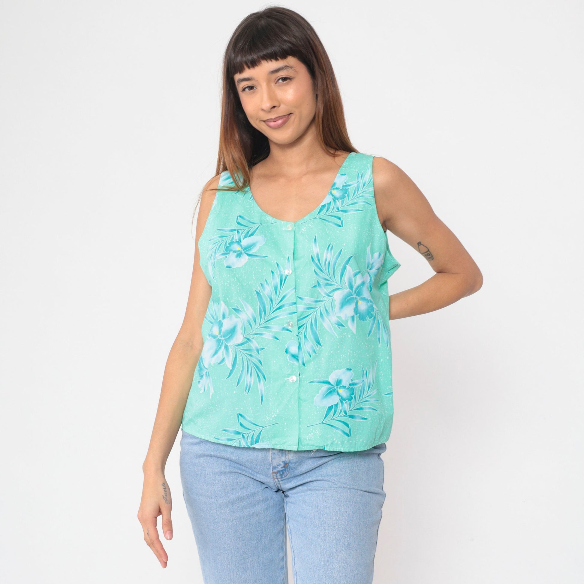 80s Tropical Floral Button-Up Tank Top Turquoise Green Orchid Leaf Print Large