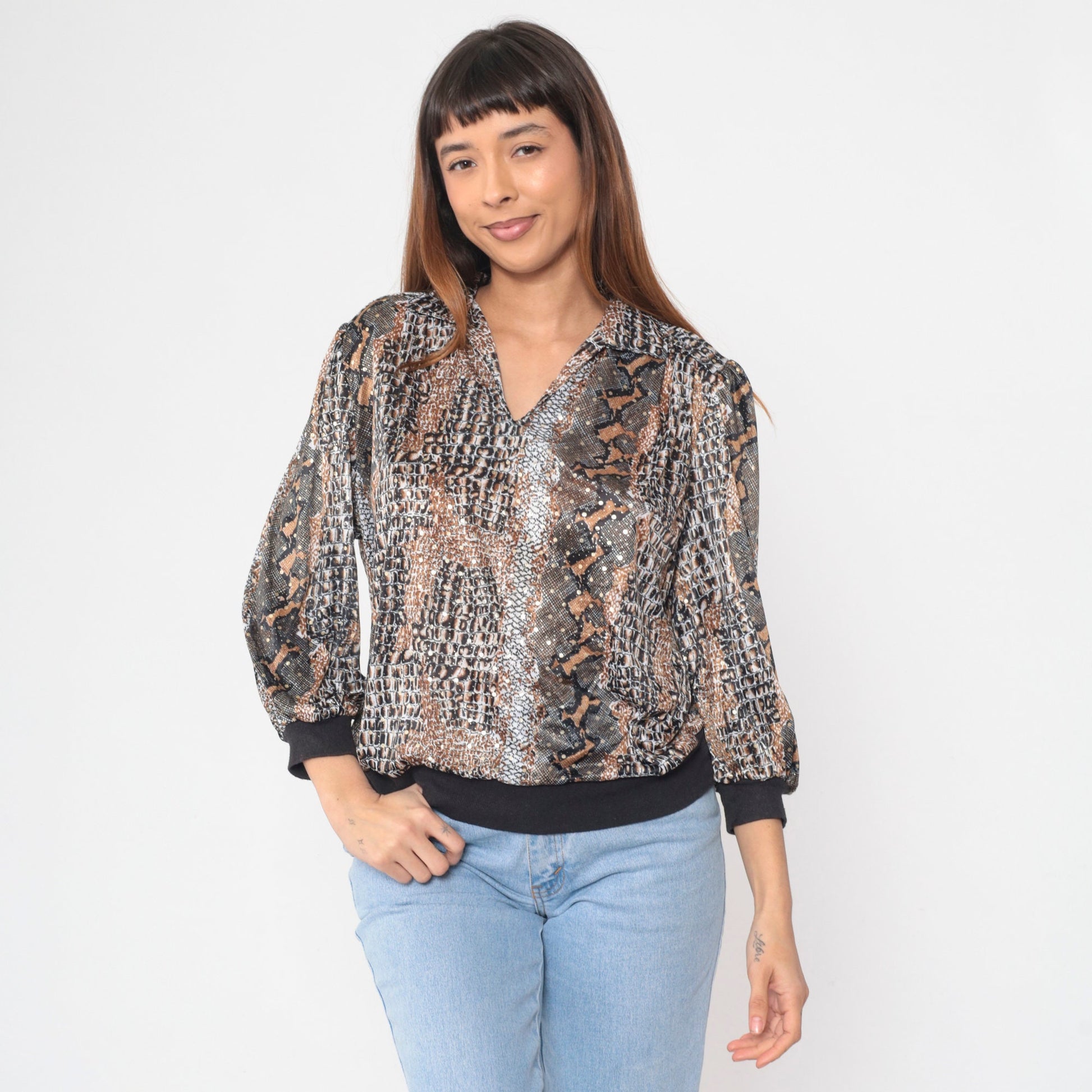 80s Snakeskin Print Blouse Collared V-Neck 3/4 Sleeve Banded Hem Large L