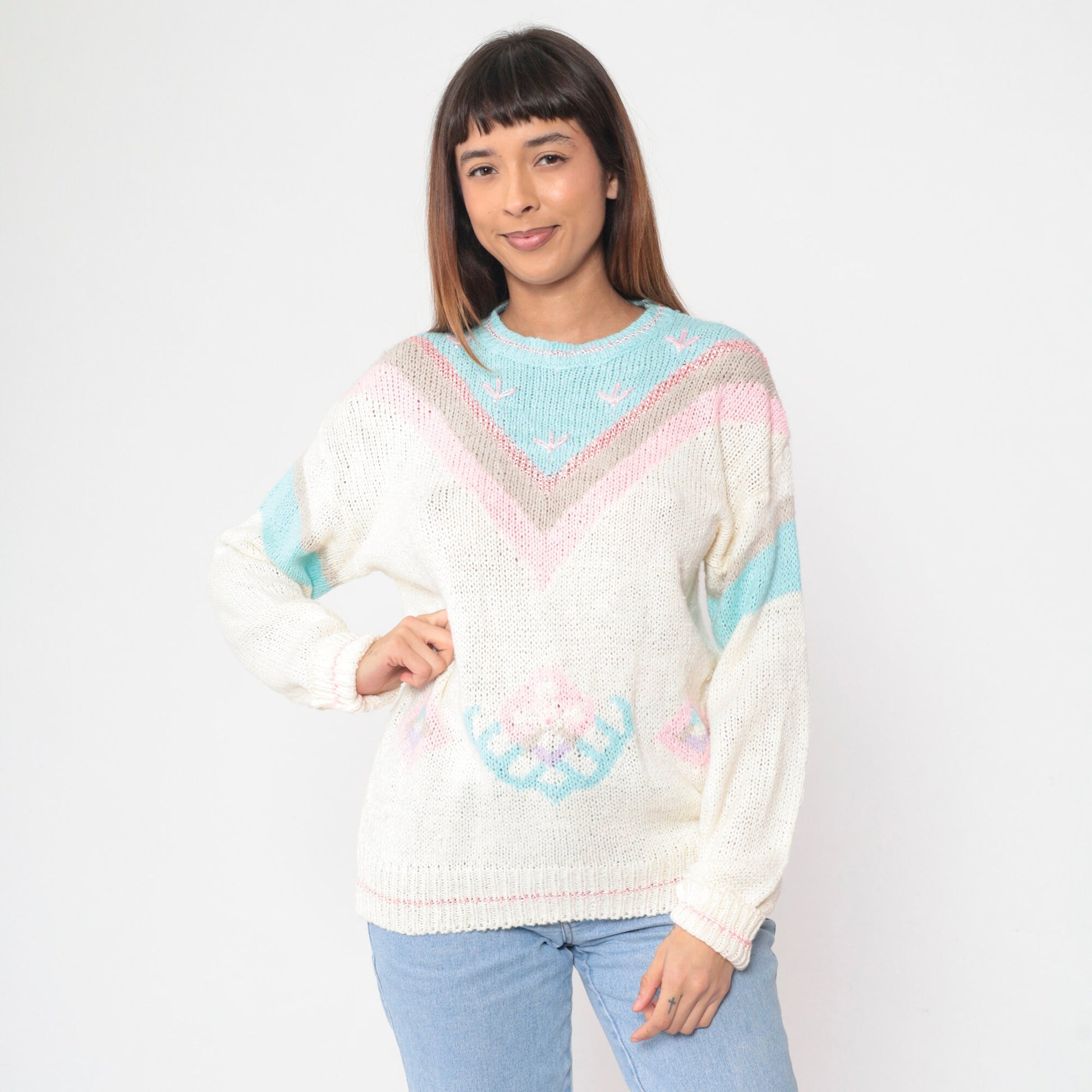 80s Mister Noah Knit Sweater White Pastel Chevron Beaded Floral Embroidered Large