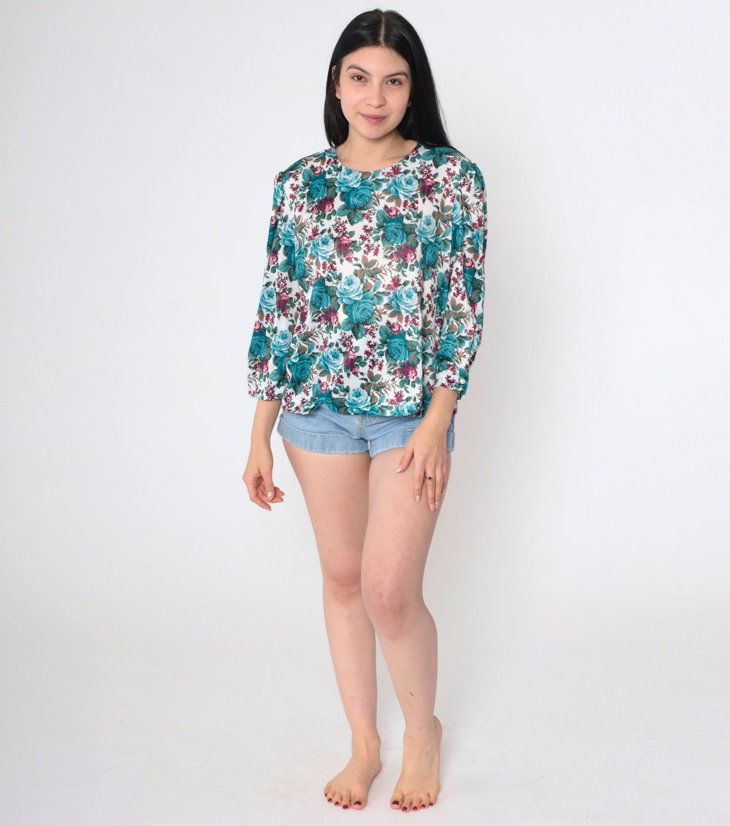 80s Whirlaway Frocks Floral Blouse Puff Sleeve Rose Print Turquoise Medium