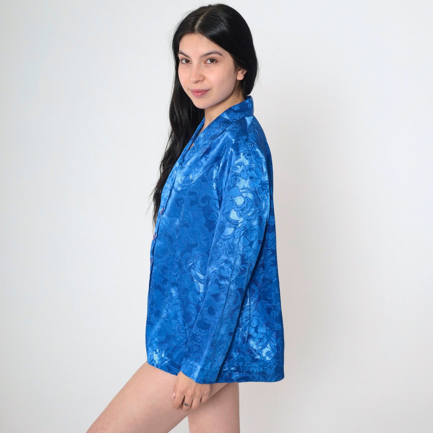 90s Blue Satin Floral Embossed Button-Up Blouse Princess Seam Long Sleeve Large L