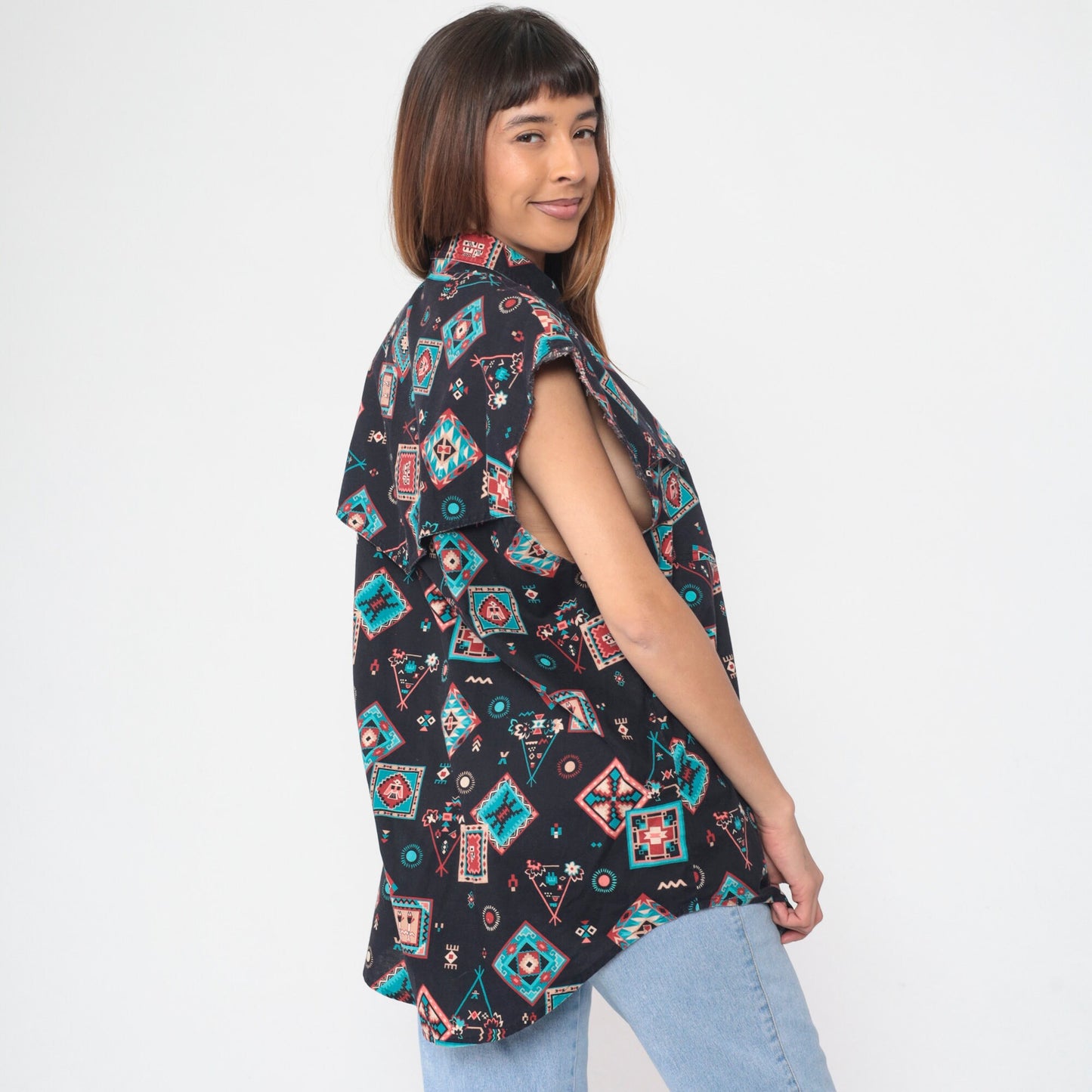 90s Southwestern Pearl Snap Tank Top Black Geometric Collared XL