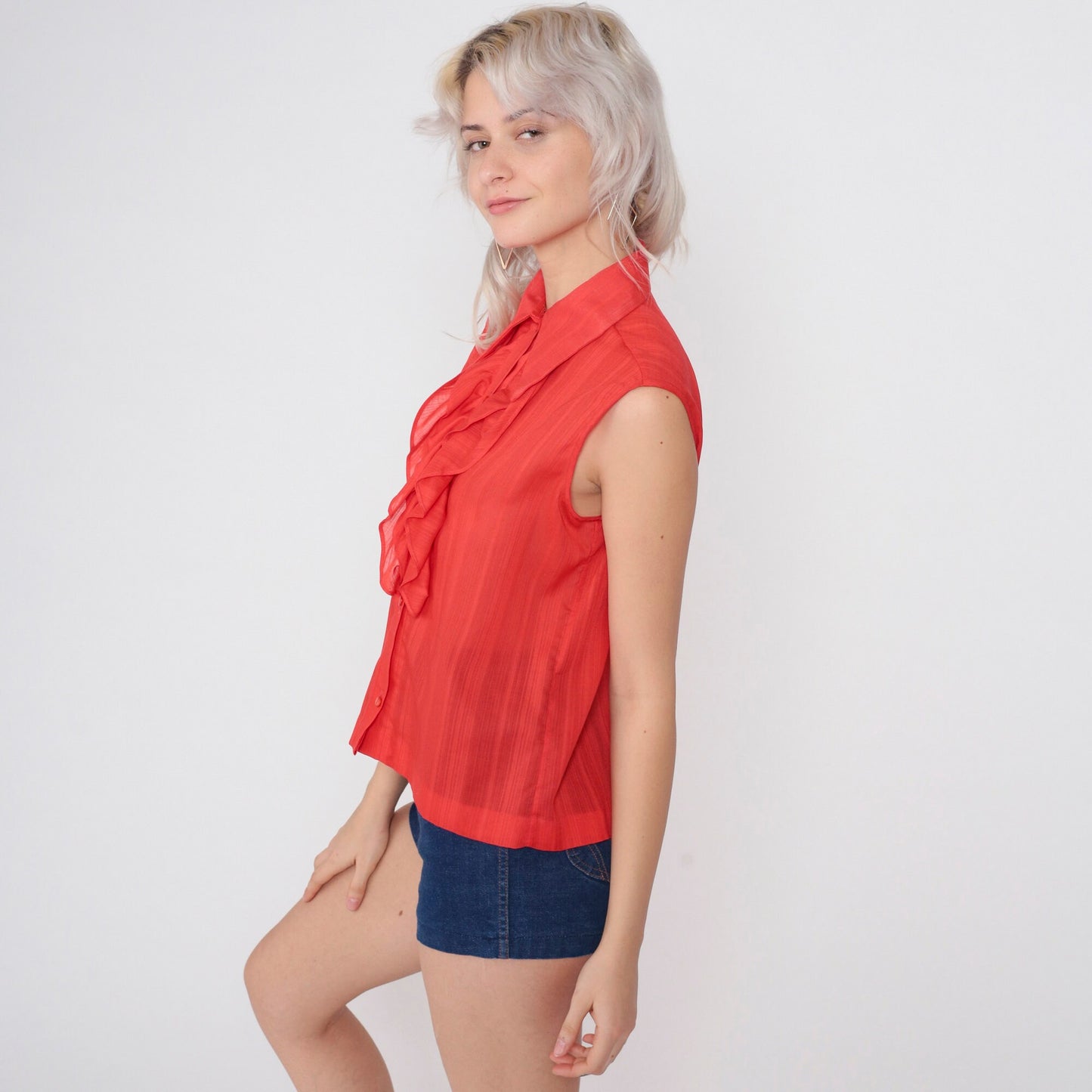 70s Red Striped Tank Top Dagger Collar Ruffle Front Button-Up Medium