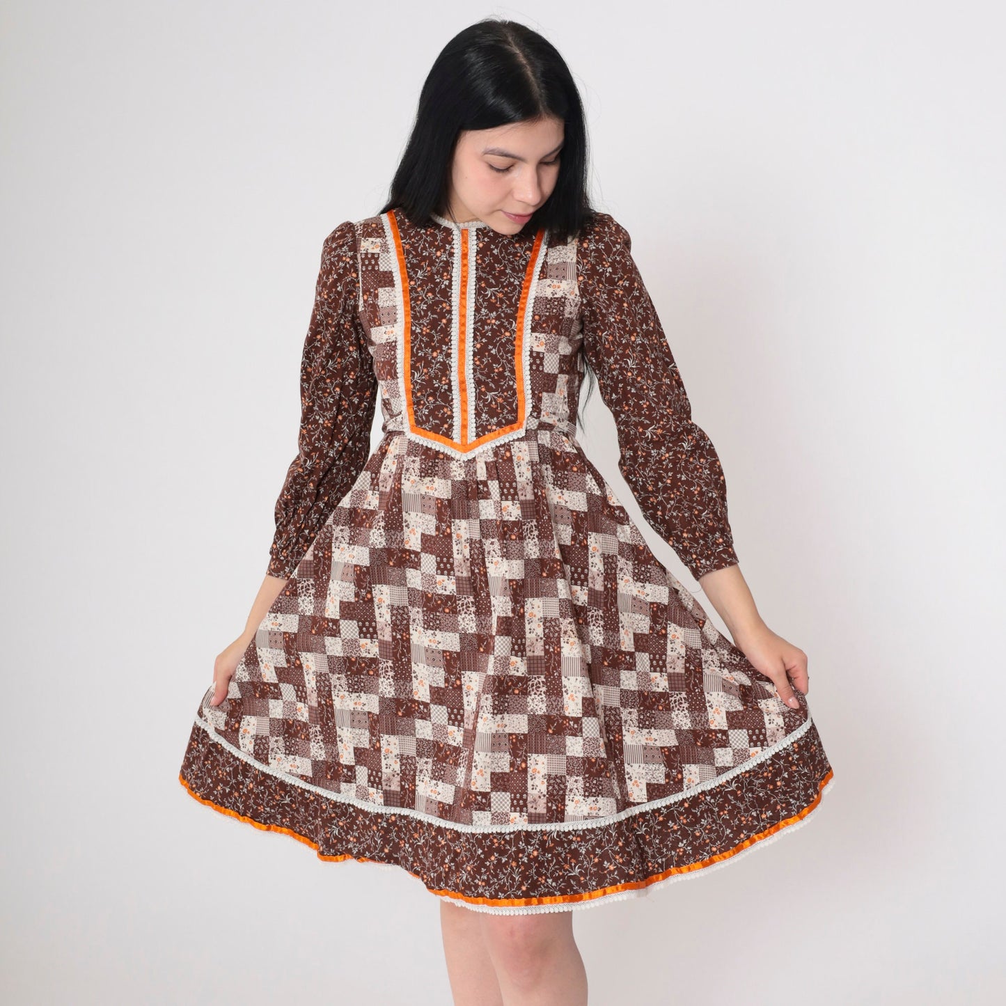 70s Calico Floral Mini Dress Puff Sleeve Patchwork Brown Cotton