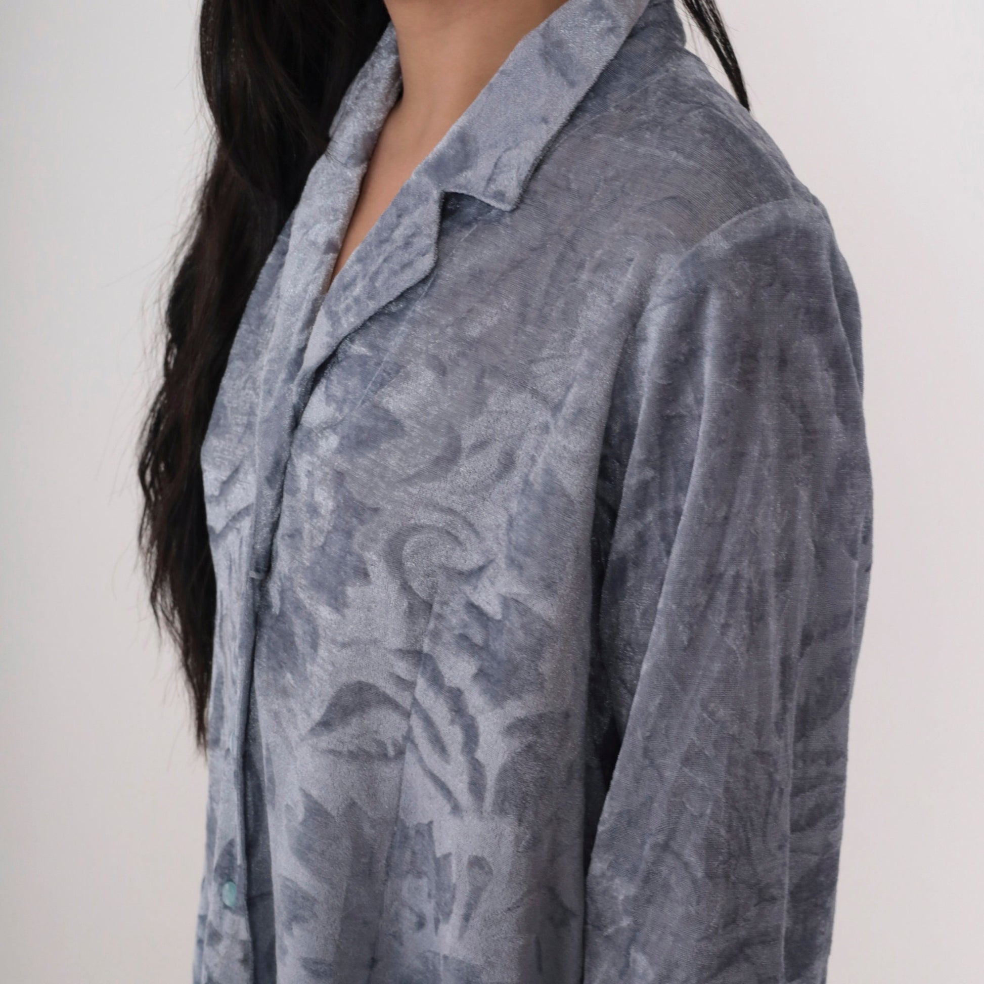 00s Floral Velour Button-Up Blouse Blue 3/4 Sleeve Collared Top Medium Large