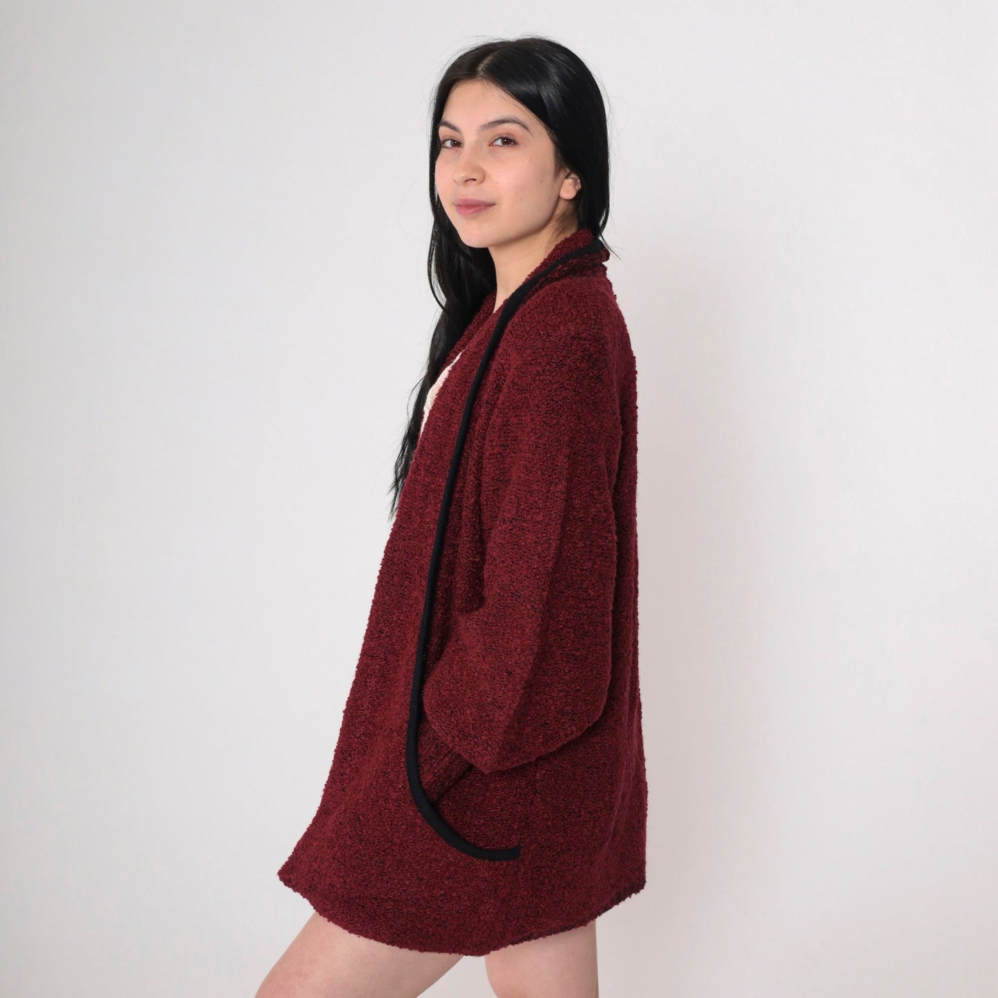 80s Wine Nubby Knit Cardigan Open Front Shoulder Pads Pockets Medium