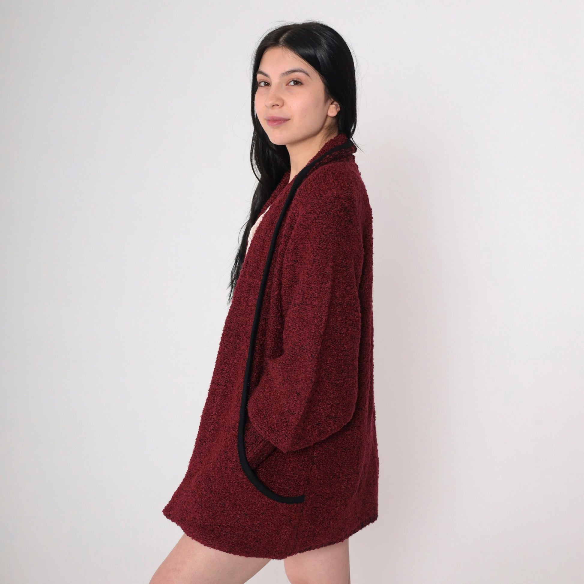 80s Wine Nubby Knit Cardigan Open Front Shoulder Pads Pockets Medium