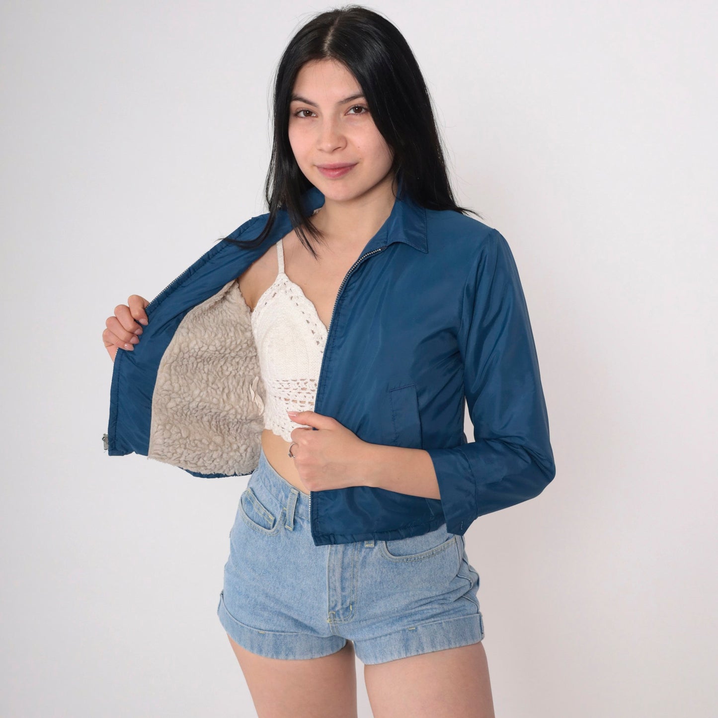 70s 80s Pacific Trail Dark Blue Windbreaker Jacket Faux Sherpa Lined Extra Small