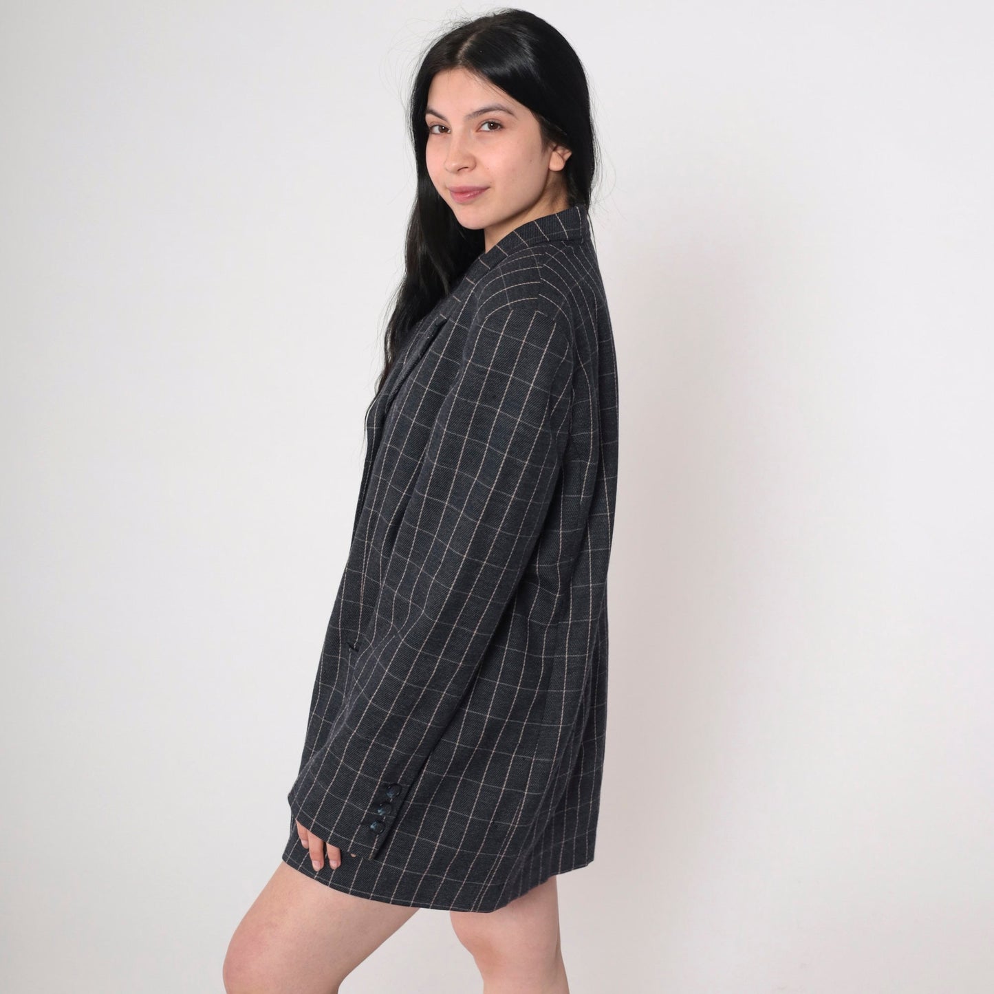 90s Amanda Smith Wool Blazer Charcoal Checkered Button-Up Extra Large