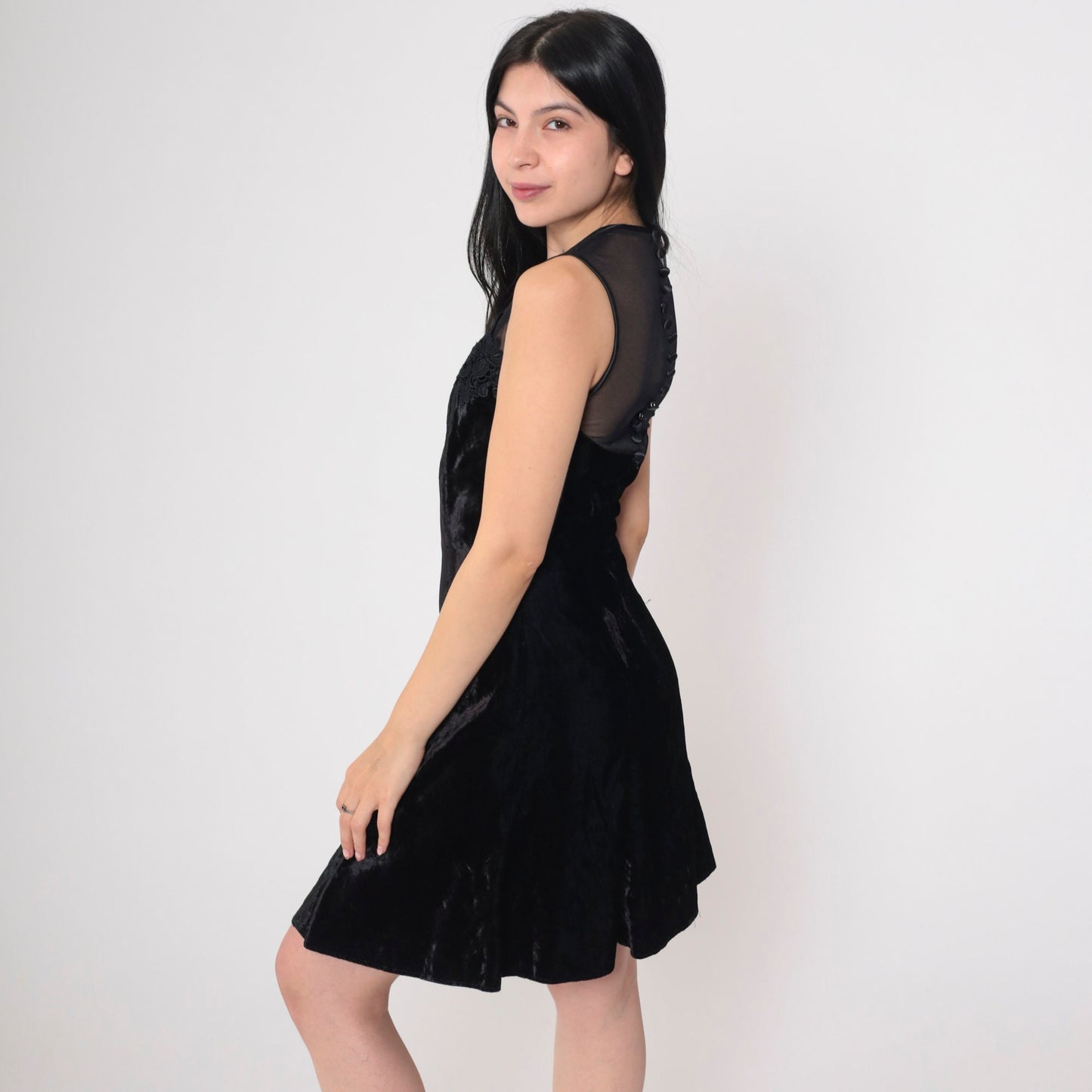 90s Scott McClintock Black Velvet Mini Dress Illusion Neckline Floral Lace Extra Small