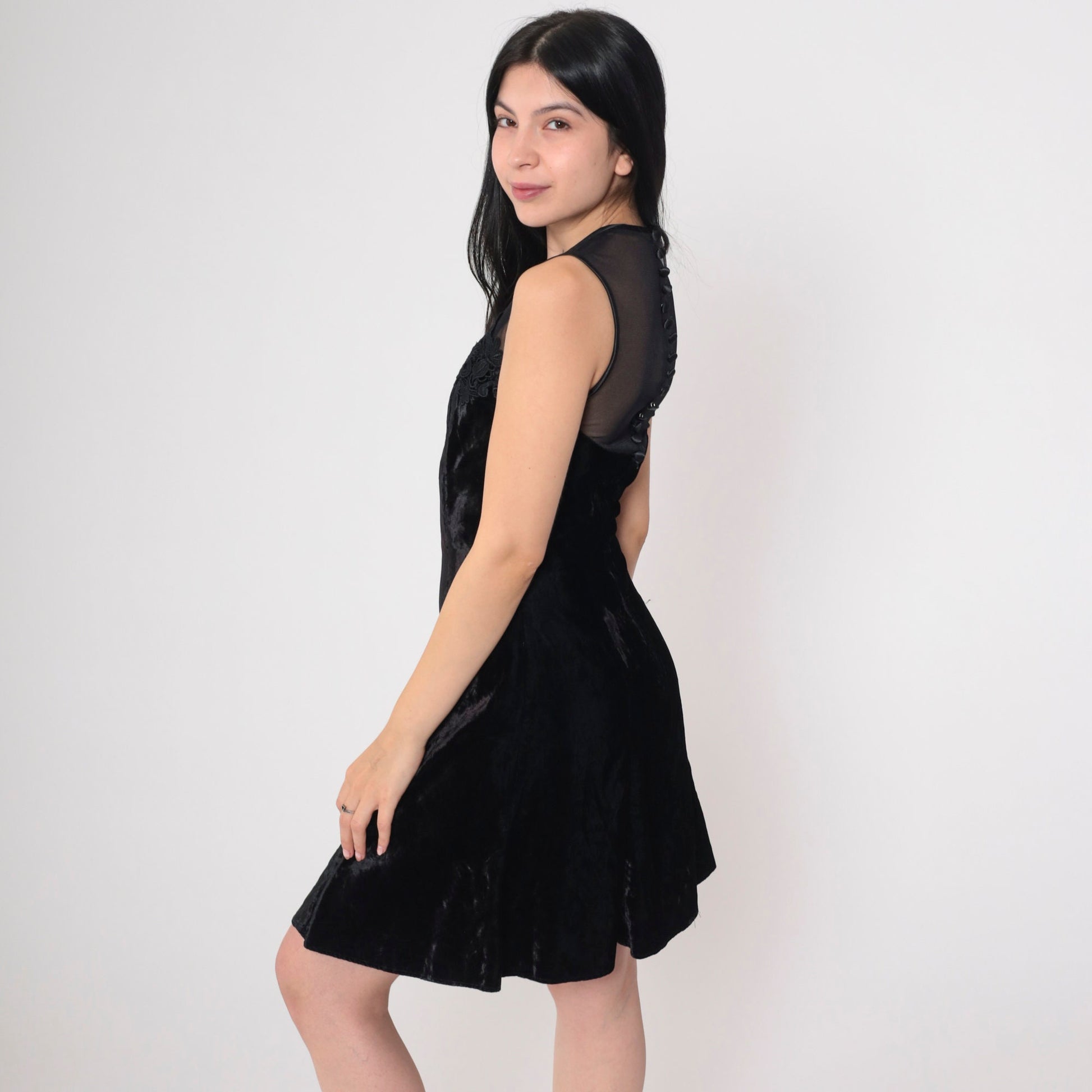 90s Scott McClintock Black Velvet Mini Dress Illusion Neckline Floral Lace Extra Small