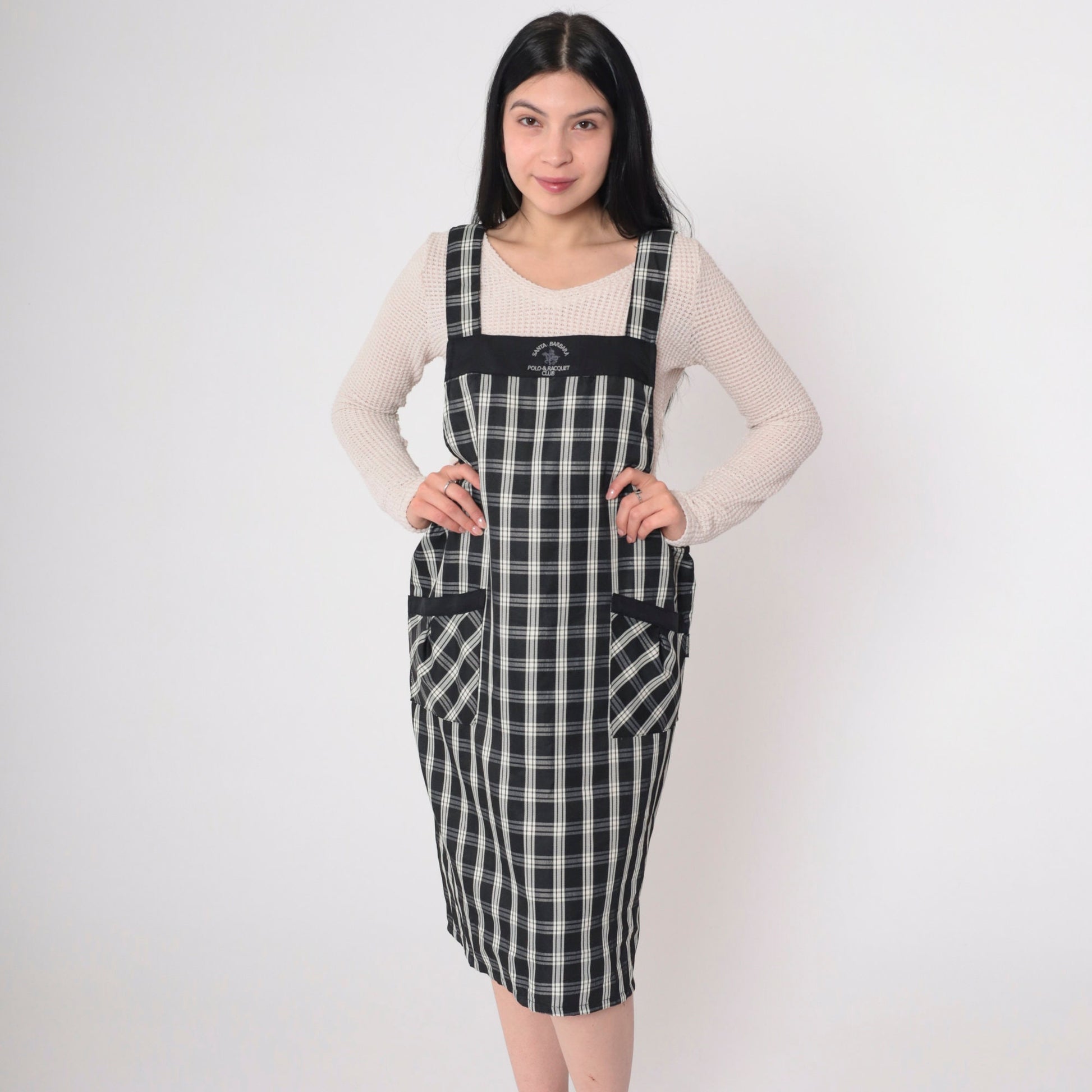 Y2K Santa Barbara Polo Plaid Apron Dress Black White Checkered Mini Open Back Small