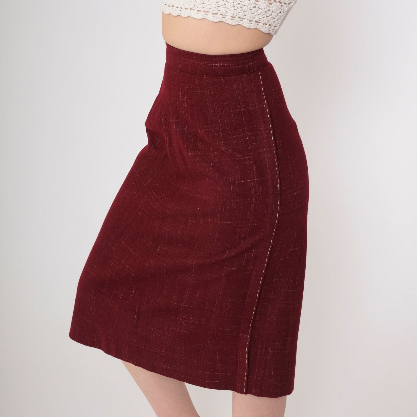 80s Dark Rust Red Midi Skirt High Waist Checkered Topstitch XXS