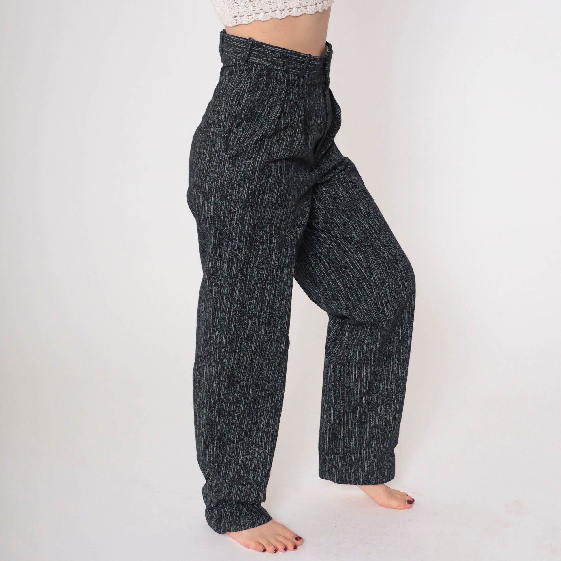 80s Striped Pleated Trousers High Waisted Tapered Black Grey Vertical Stripes Small