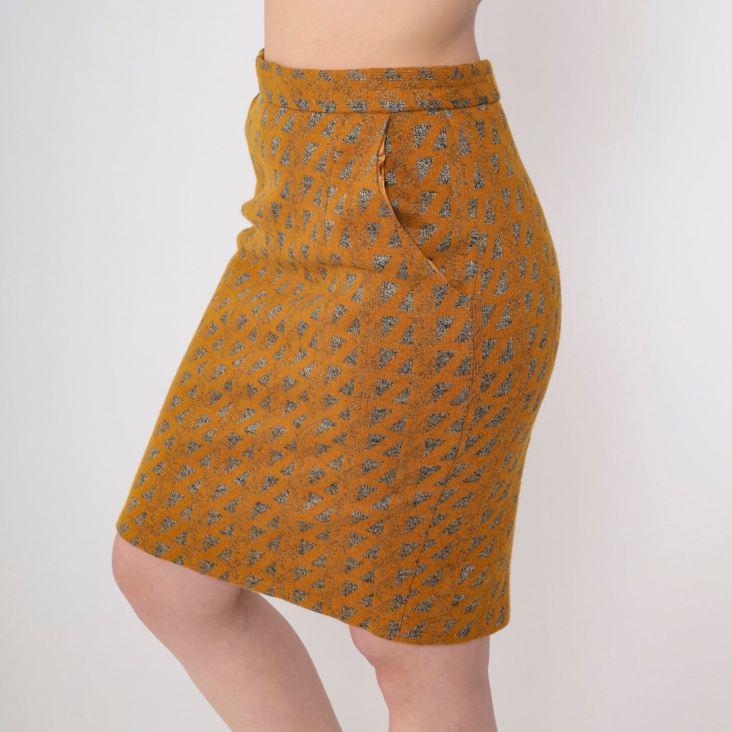 80s Orange Metallic Triangle Wool Blend Mini Pencil Skirt High Waist Small