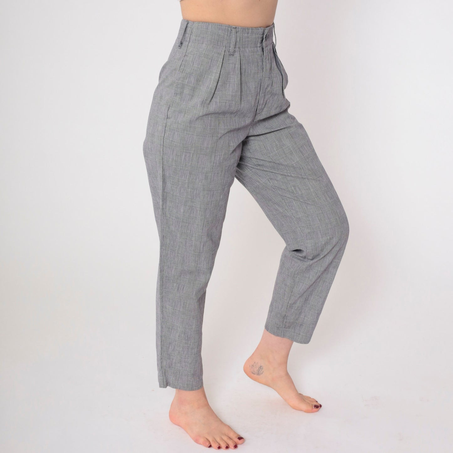 90s Calvin Klein Sport Grey Plaid Tapered Trousers High Waist Pleated Small