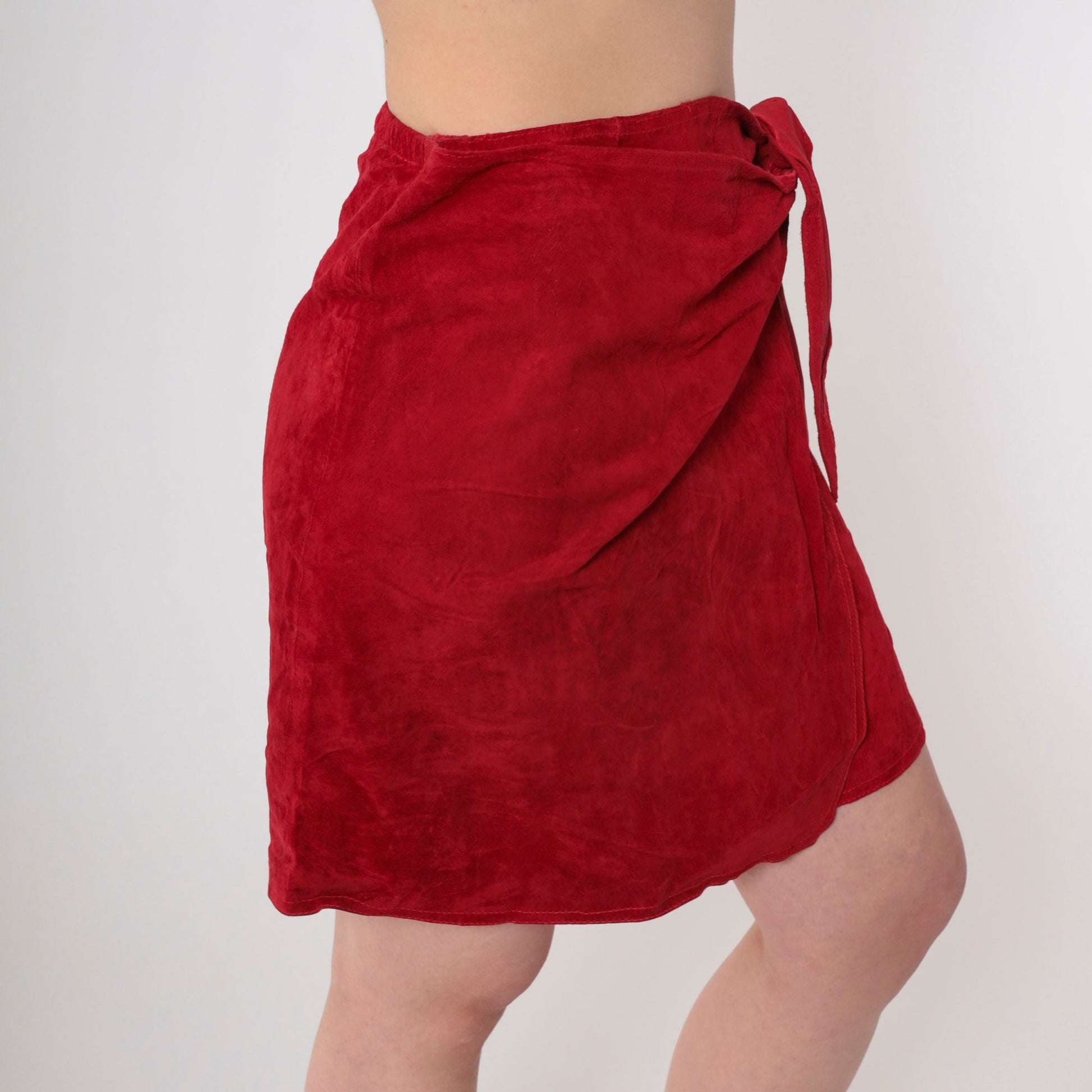 80s Red Suede Wrap Mini Skirt High Waisted Leather Small Medium