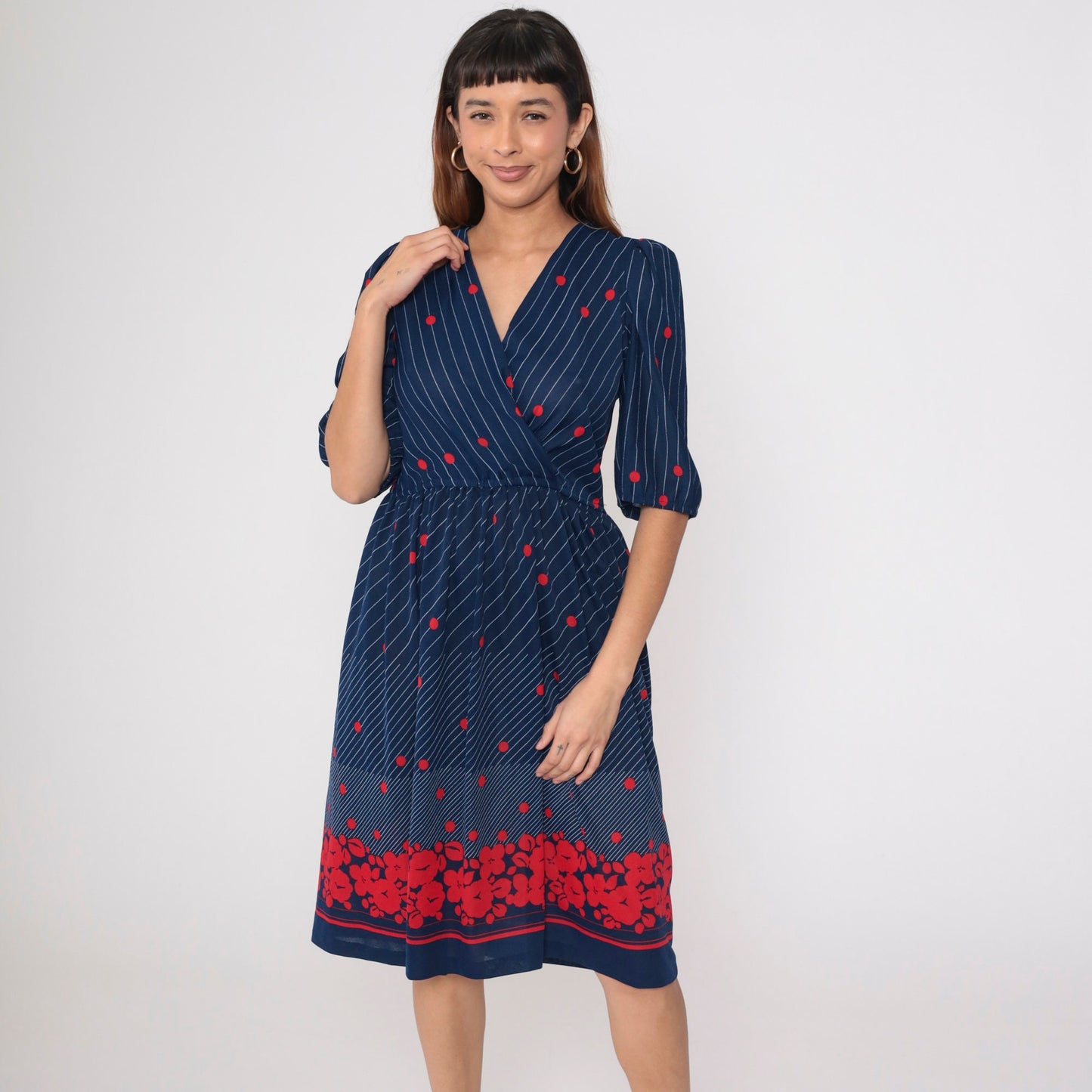 70s Navy Midi Wrap Dress Puff Sleeve Floral Polka Dot Striped Small