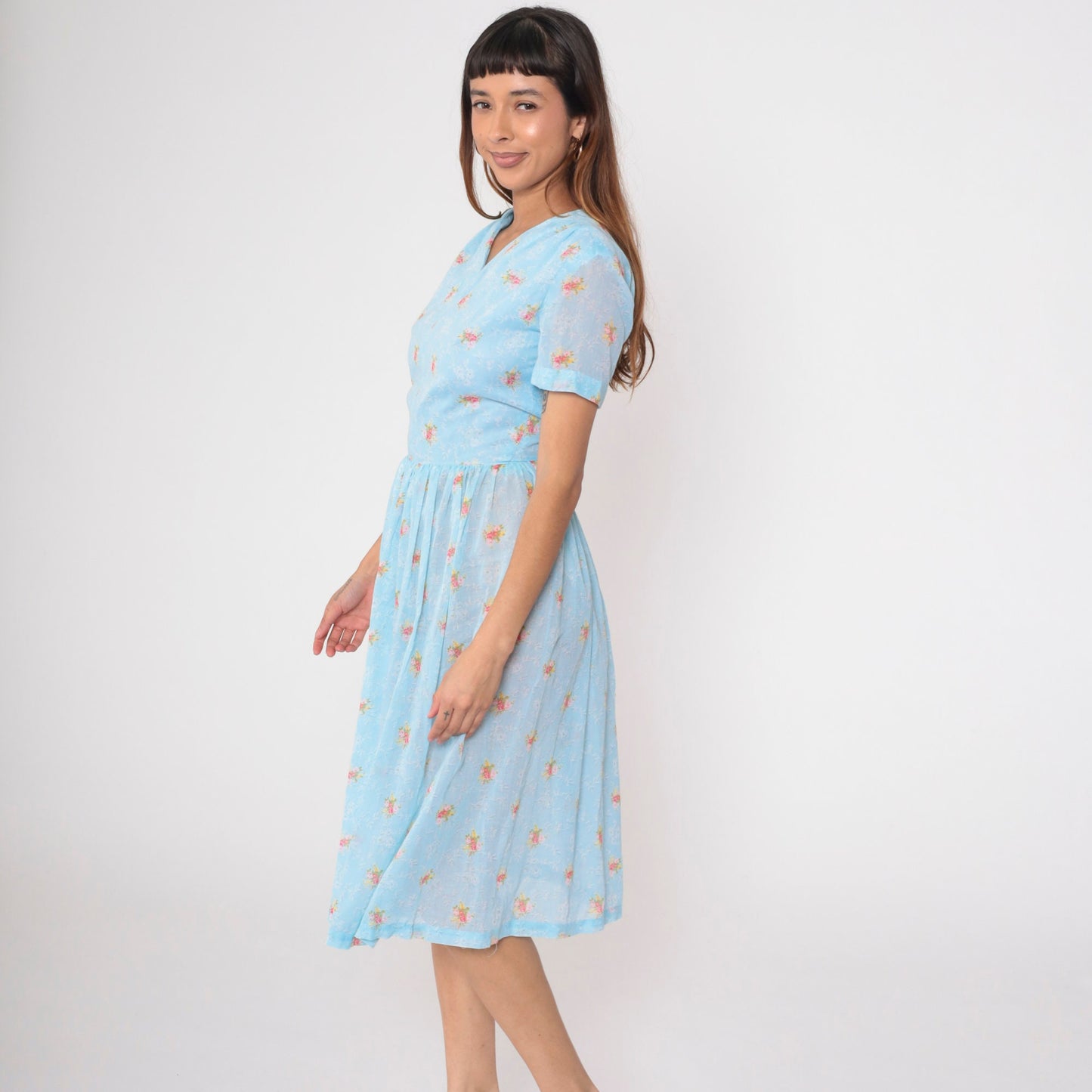 60s Blue Floral Midi Dress High Waisted V Neck Fit and Flare Small