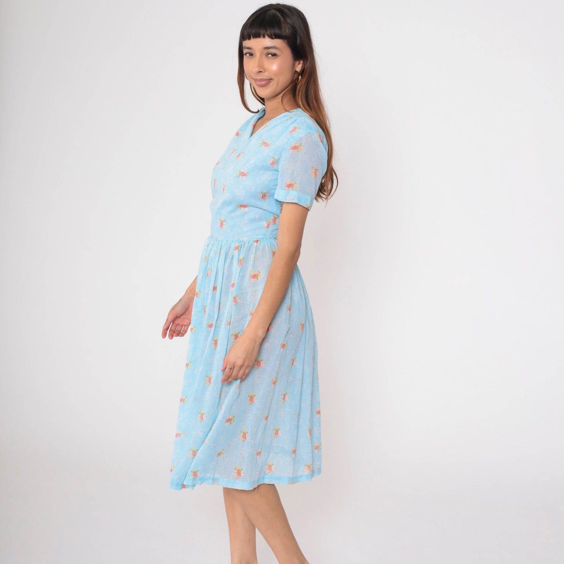 60s Blue Floral Midi Dress High Waisted V Neck Fit and Flare Small