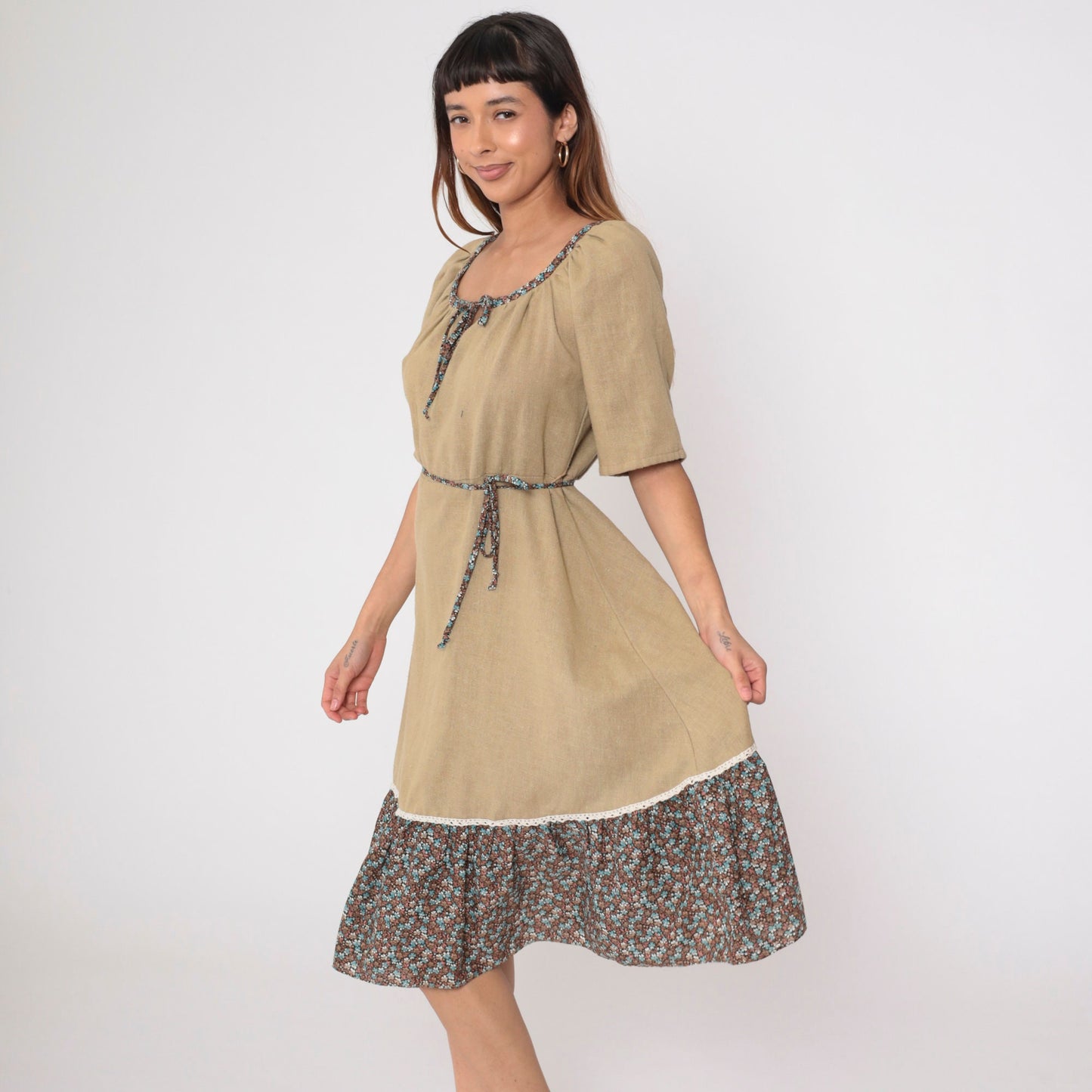 70s Floral Peasant Dress Olive Brown Midi Keyhole Bow Tie Waist Medium