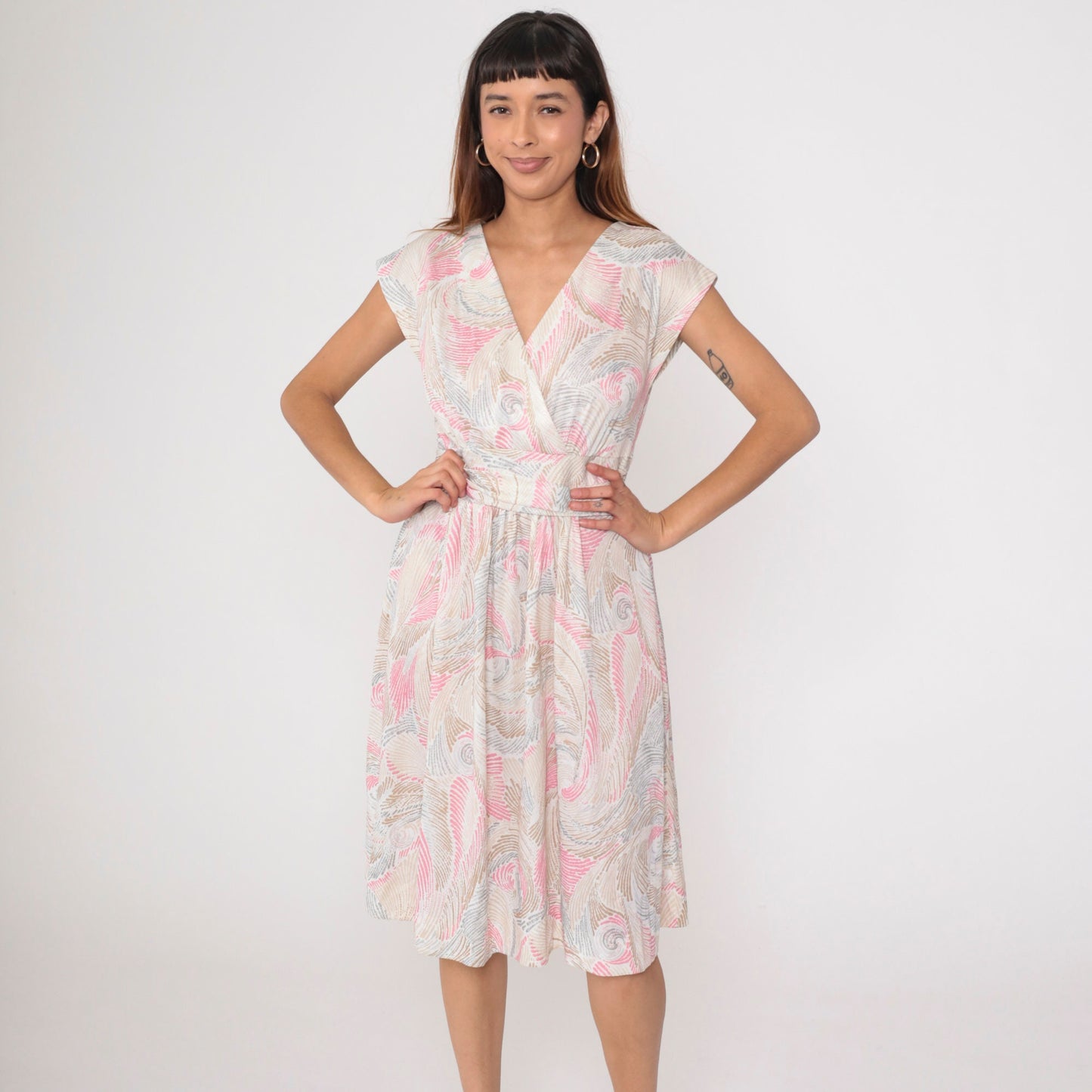 70s Wrap Dress Swirl Print Midi V-Neck High Waist Cap Sleeve White Pink Tan Medium