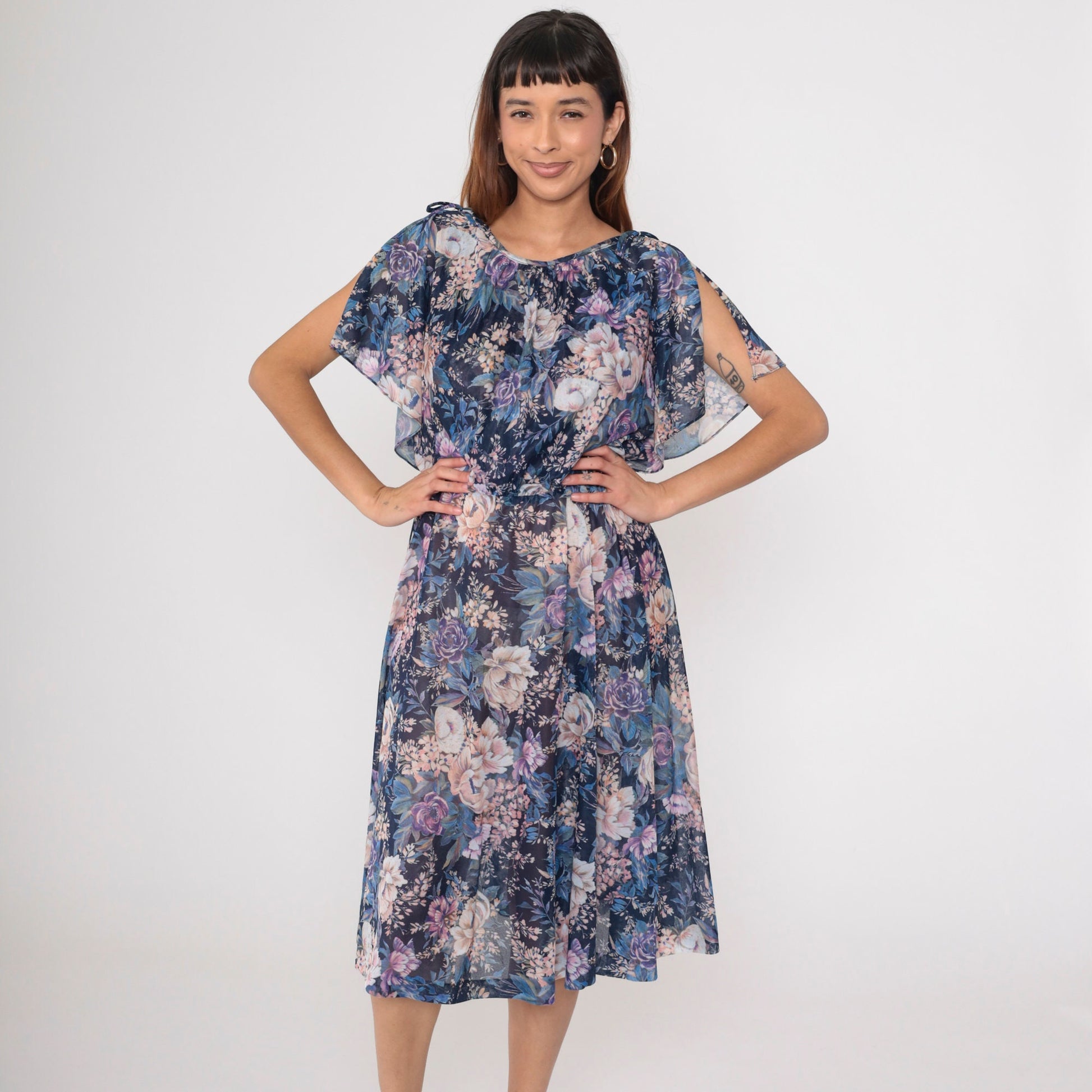 70s Navy Floral Midi Dress Split Flutter Sleeve High Waist Small Medium