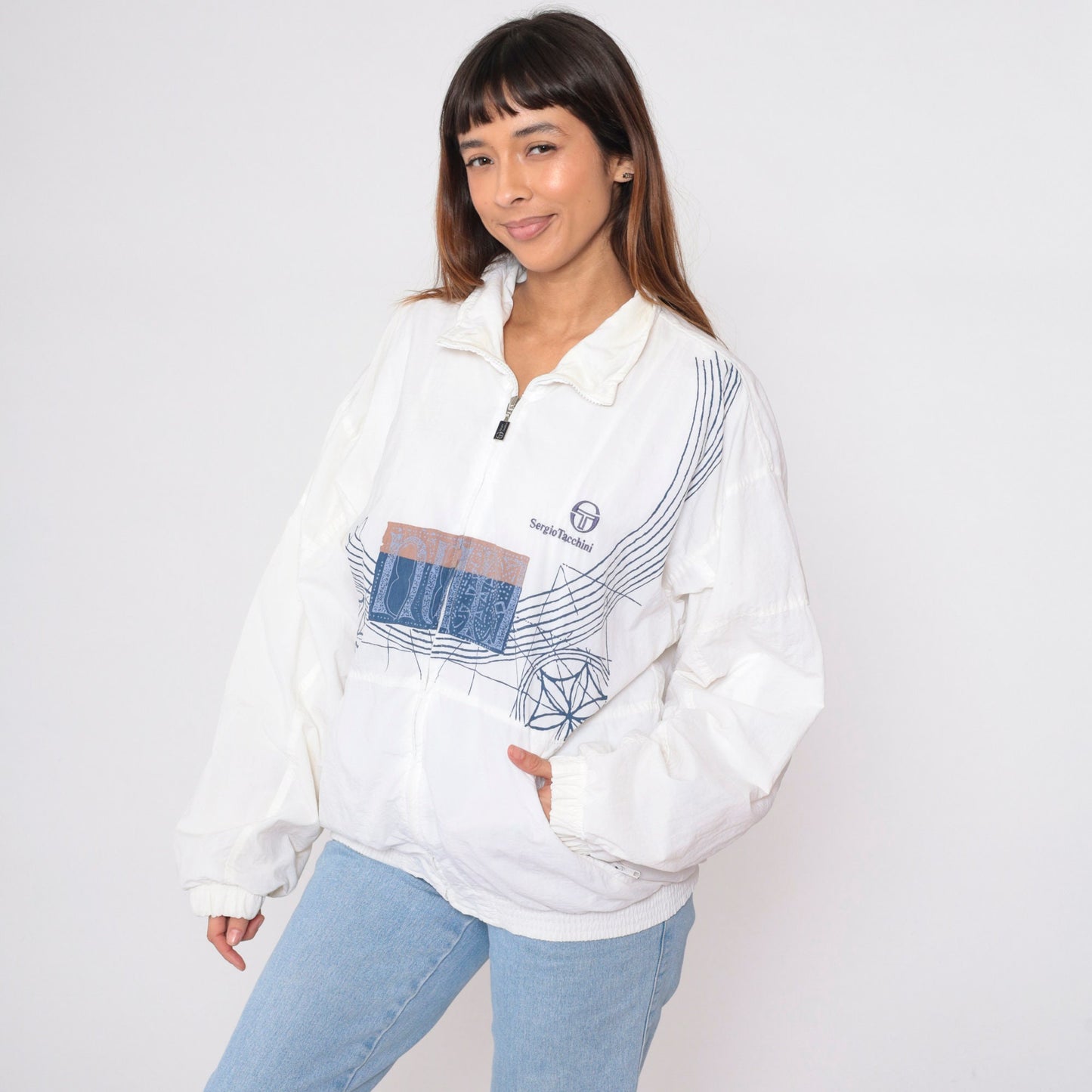 Sergio Tacchini 90s White Geometric Windbreaker Jacket Large L