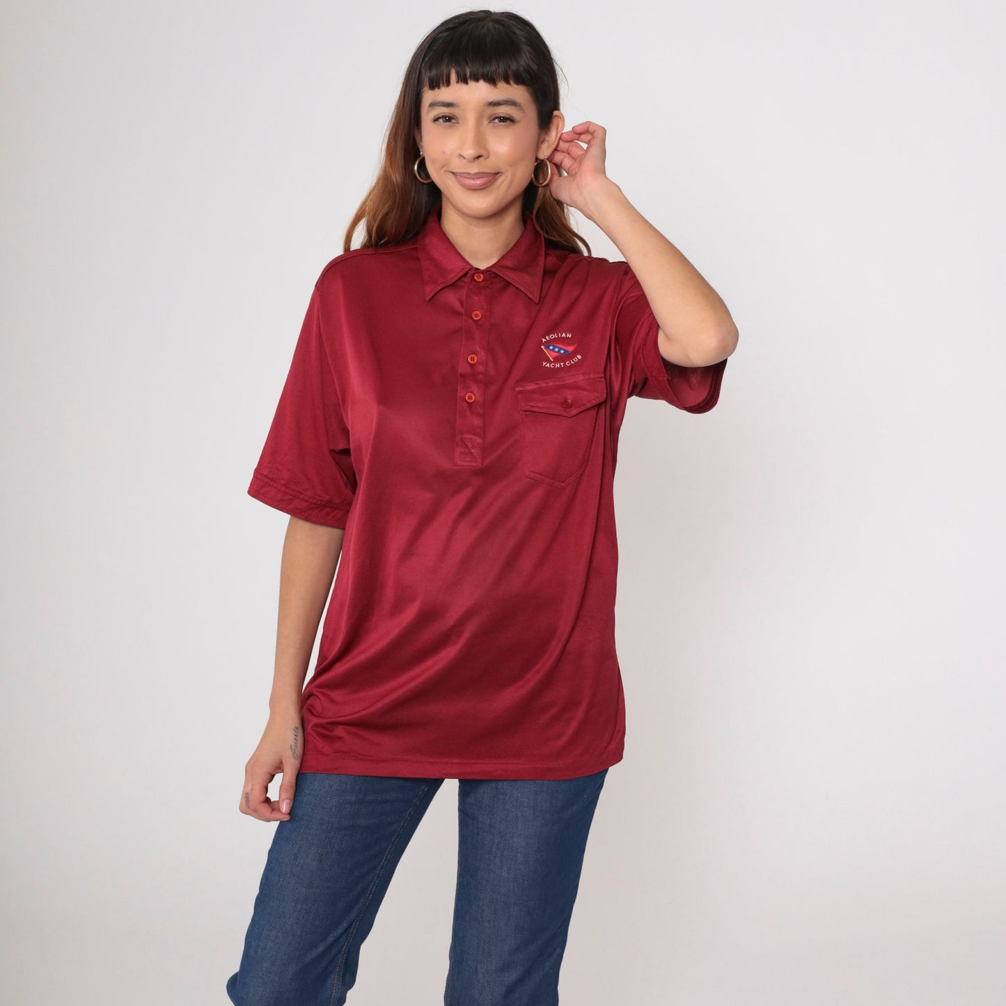 80s Aeolian Yacht Club Polo Shirt Alameda California Embroidered Dark Red Large