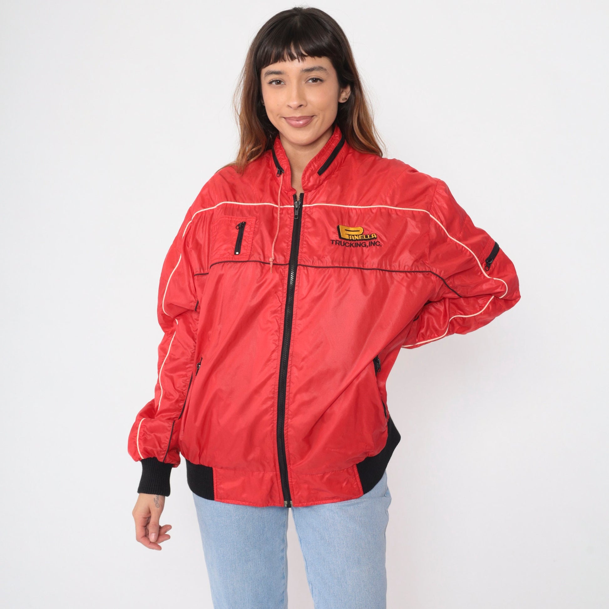 80s Panella Trucking Jacket Red Nylon Zip Hood Workwear XXL