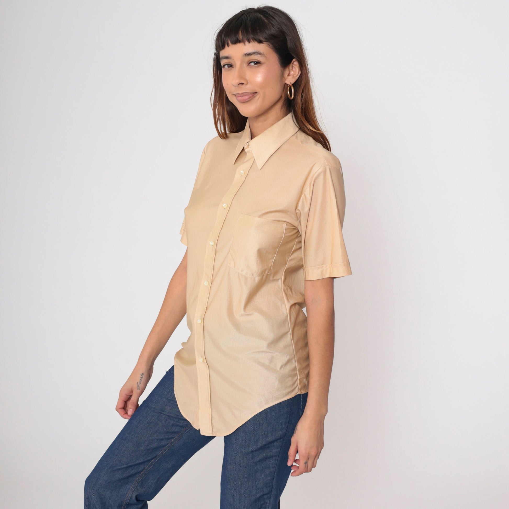70s Tarleton Shimmery Beige Button-Up Shirt Dagger Collar Short Sleeve Men's 15