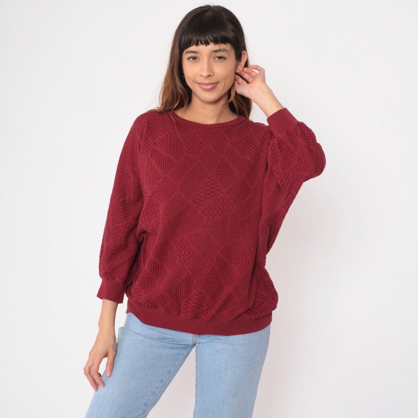 80s Dolman Sleeve Patchwork Top Deep Red Textured Crewneck Extra Large XXL