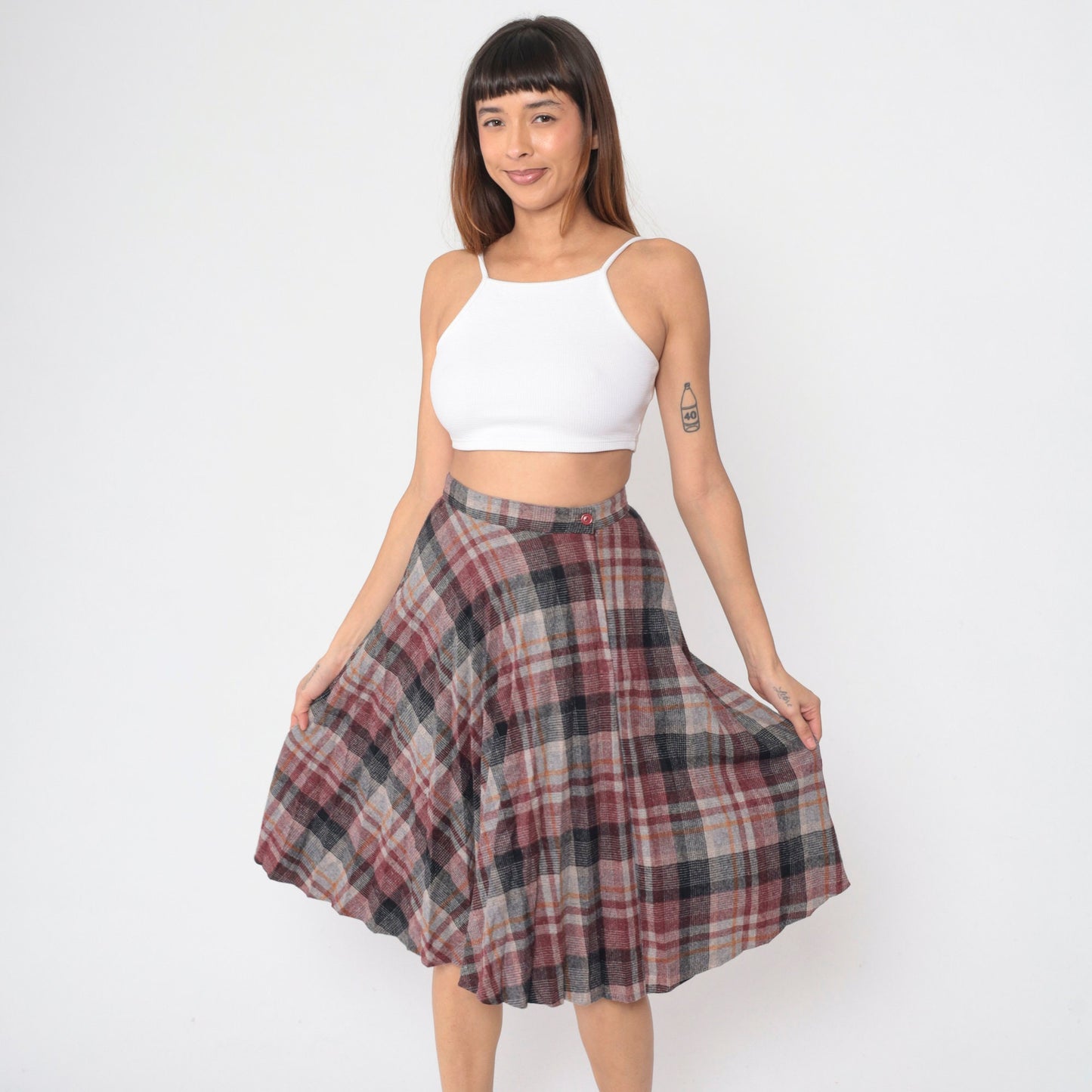 80s Plaid Wool Blend Pleated Skirt High Waist Knee Length Red Grey Small