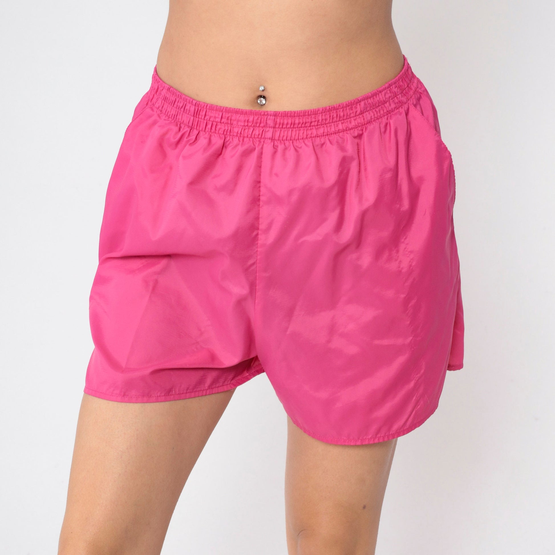 90s Hot Pink Nylon Gym Shorts High Waist Elastic Waist Small Medium