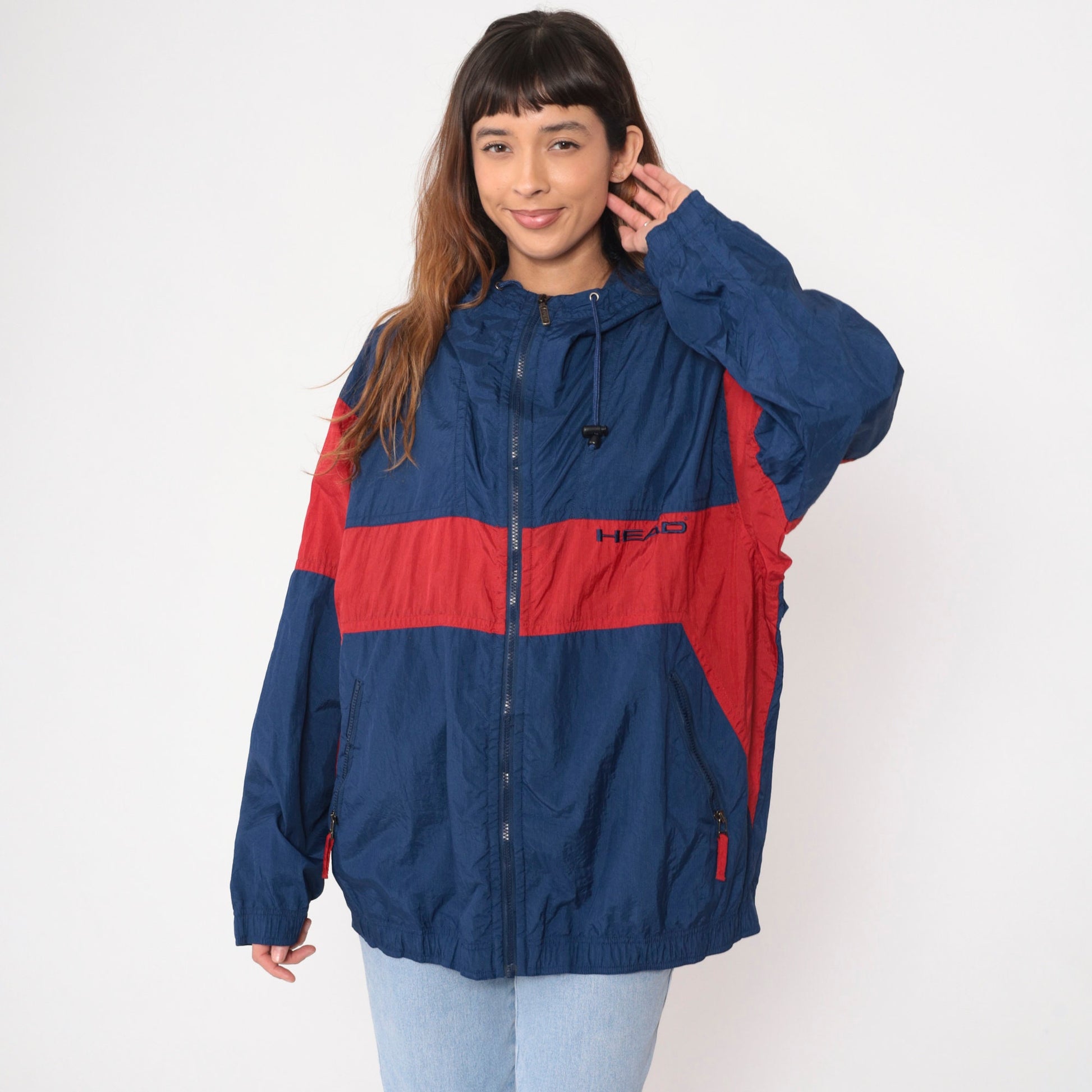 90s Head Hooded Windbreaker Navy Blue Red Color Block Large