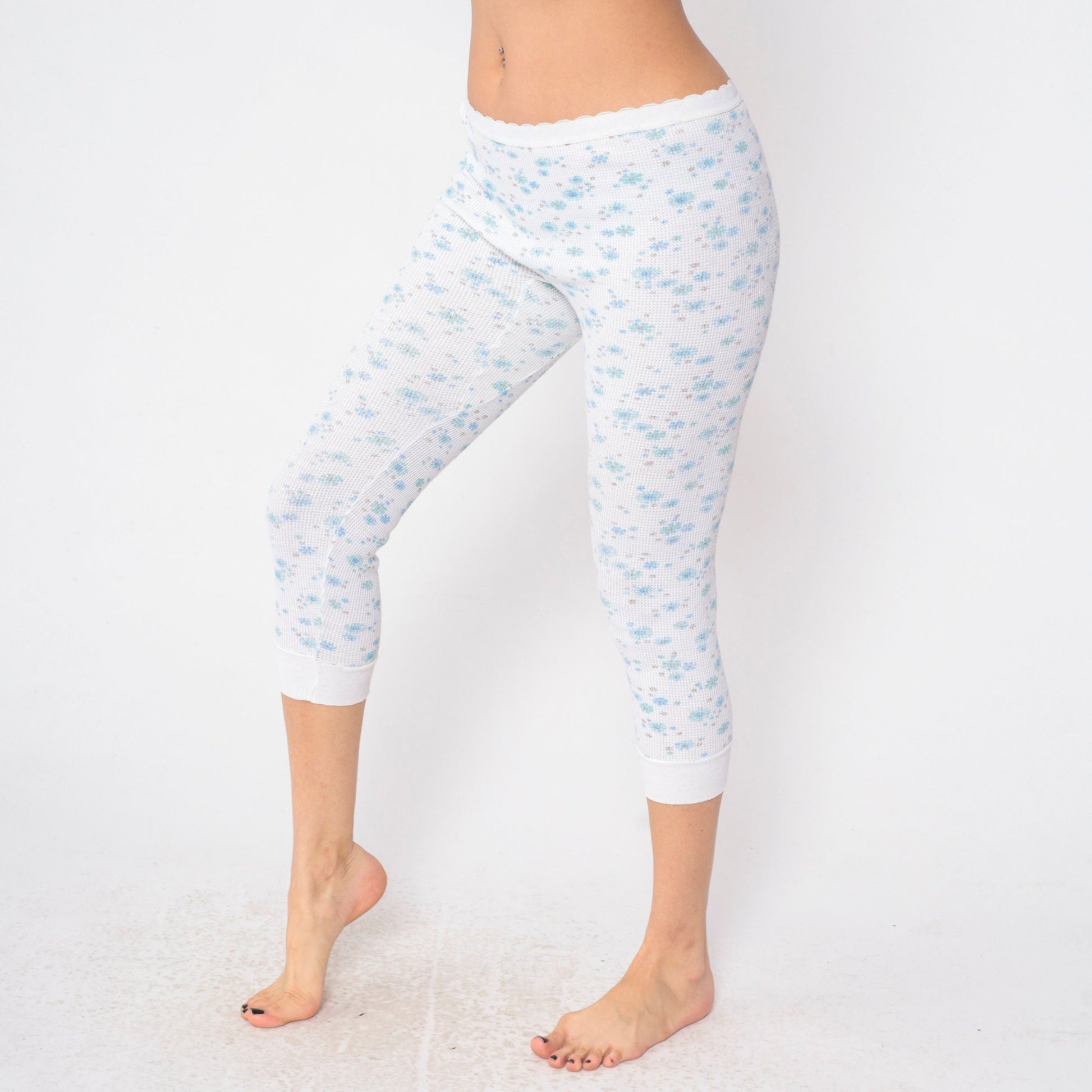 80s Floral Waffle Knit Thermal Capri Pants White Blue Print Medium