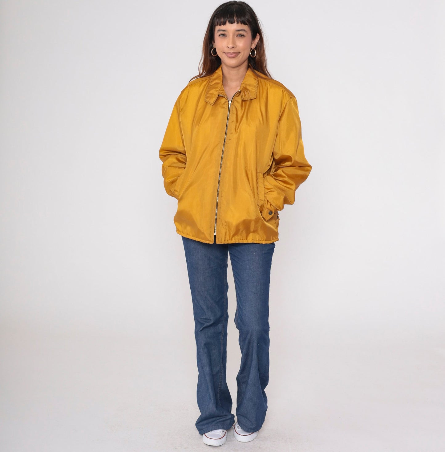 70s Calderon of California Mustard Windbreaker Jacket Faux Fur Lined Large L