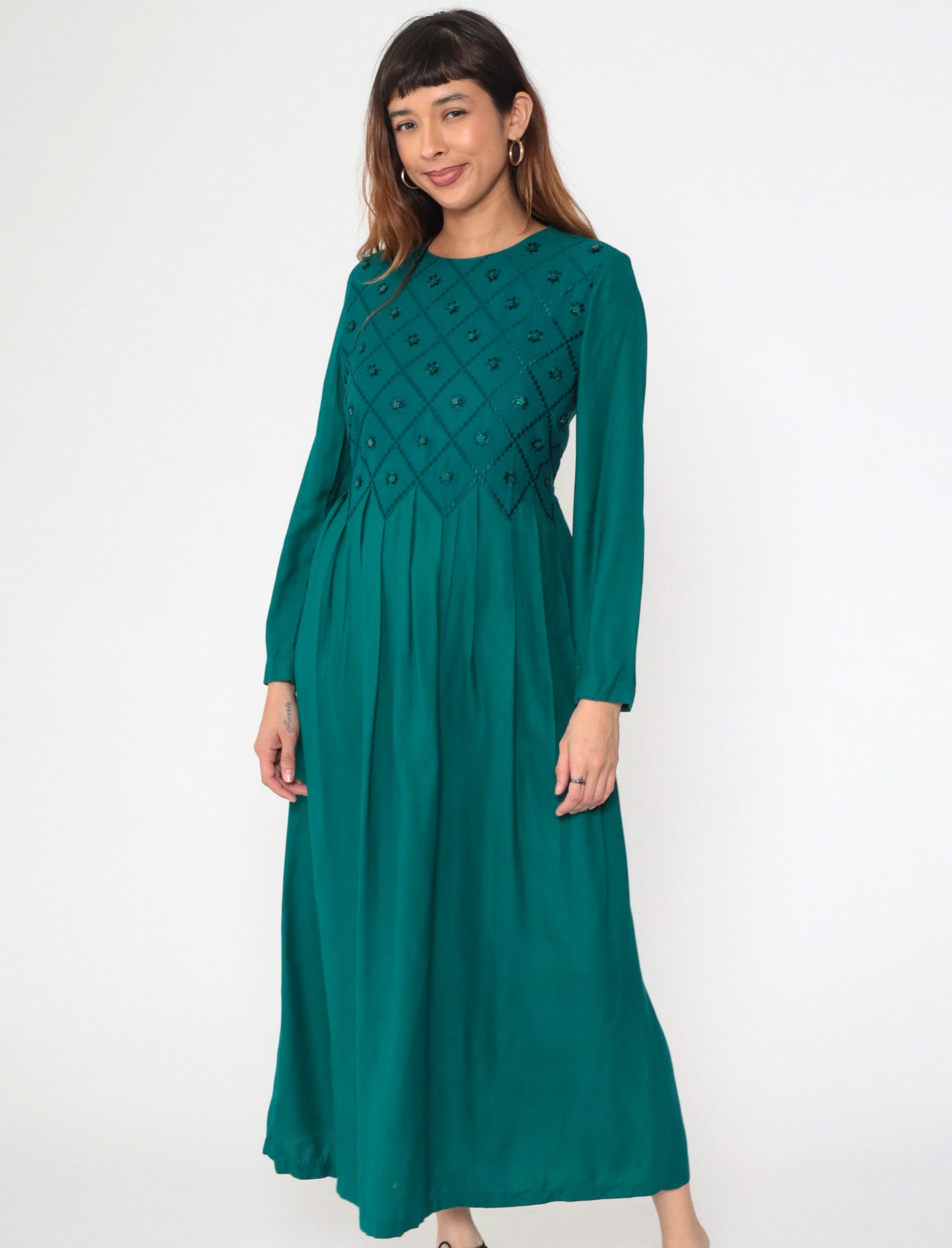 90s Green Floral Embroidered Maxi Dress Long Sleeve Star Buttons Small 6