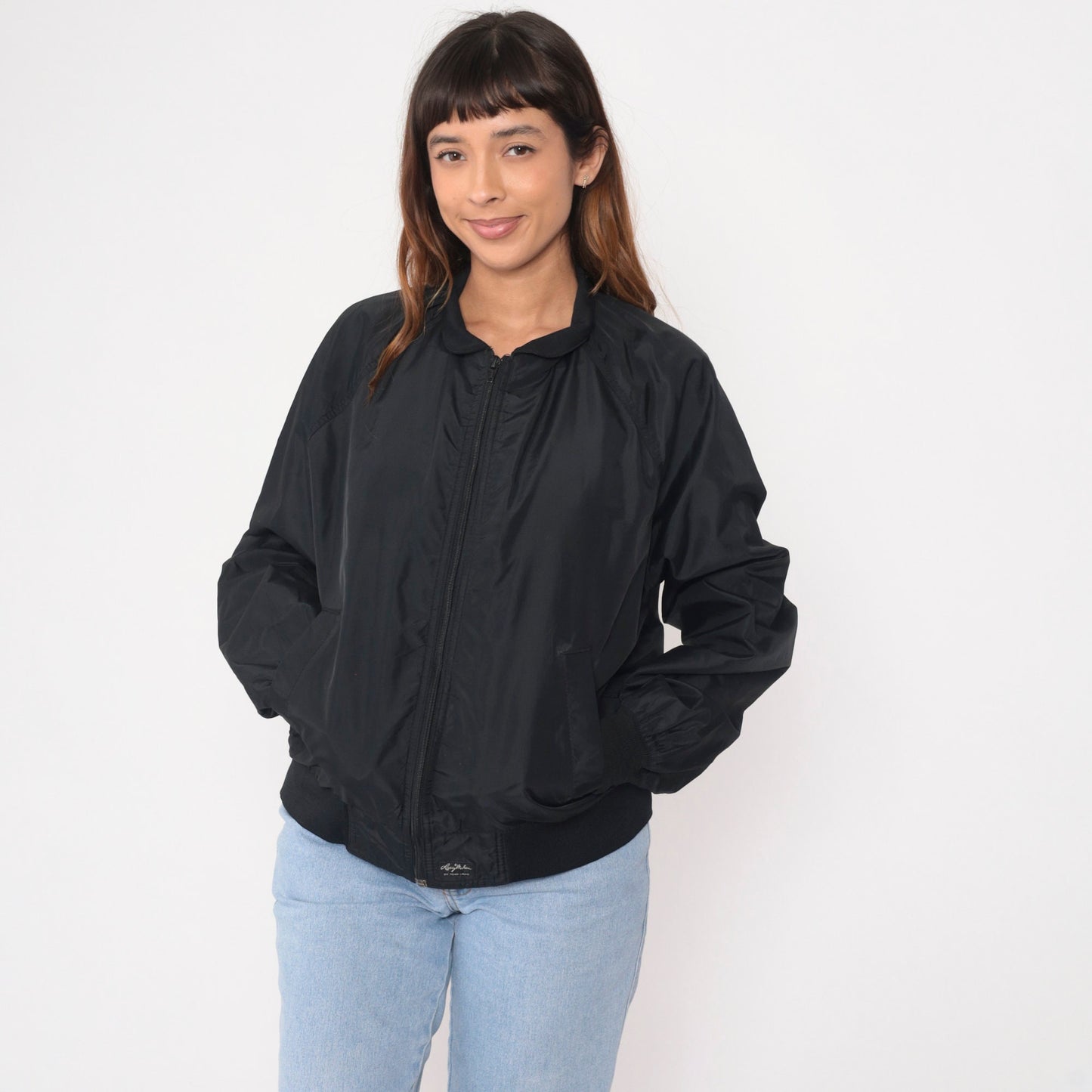 80s Larry Mahan Black Windbreaker Jacket Raglan Sleeve Medium