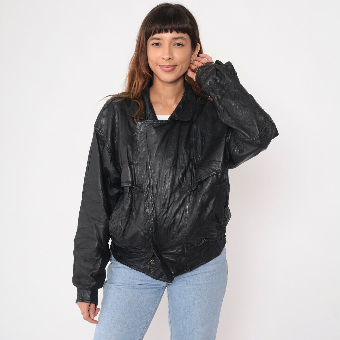 90s Black Leather Motorcycle Jacket Asymmetrical Moto Biker Small