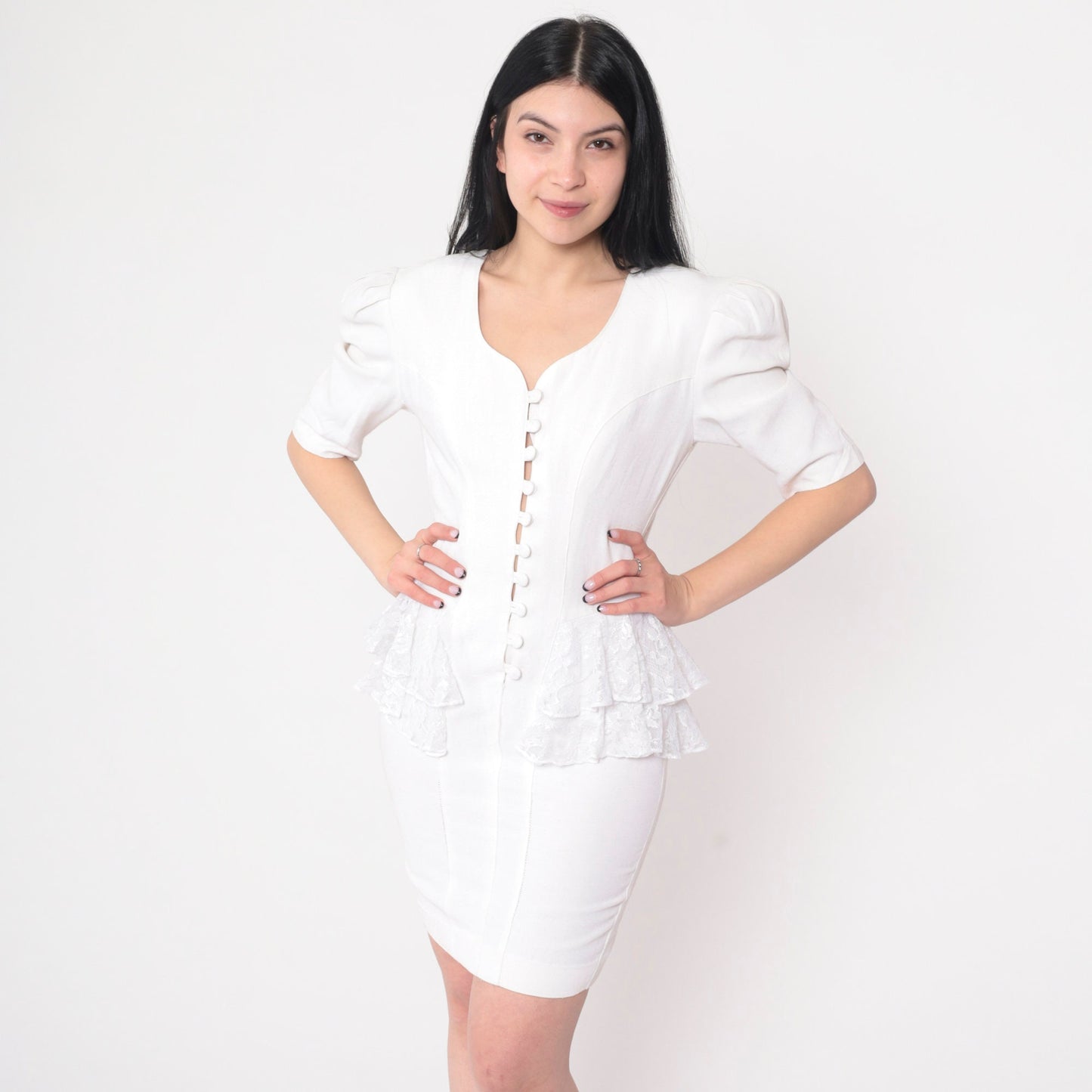 80s Young Edwardian White Lace Peplum Mini Dress Puff Sleeve Extra Small