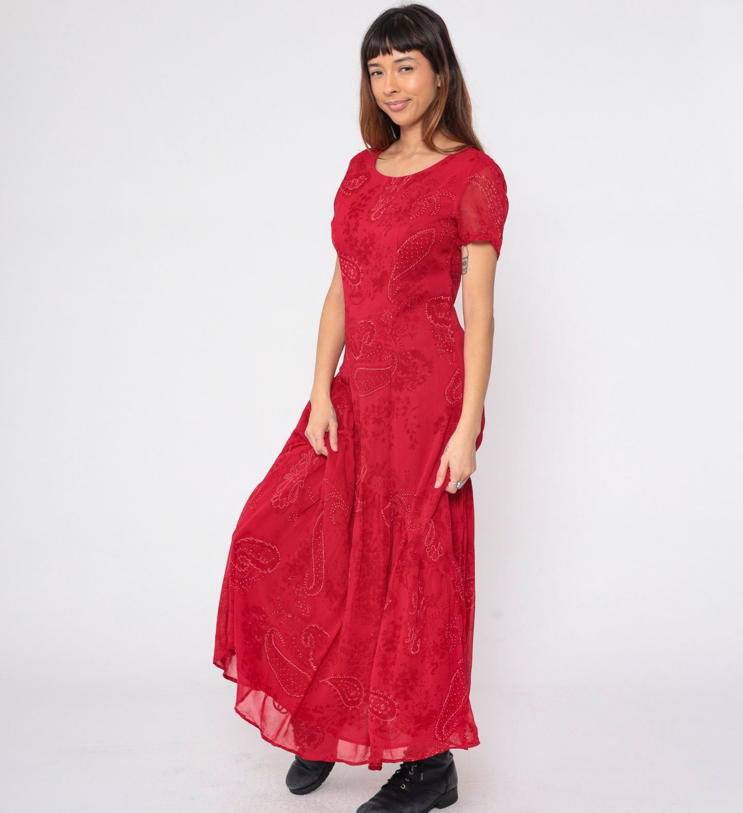 90s Red Paisley Maxi Dress Asymmetrical Drop Waist Short Sleeve Medium