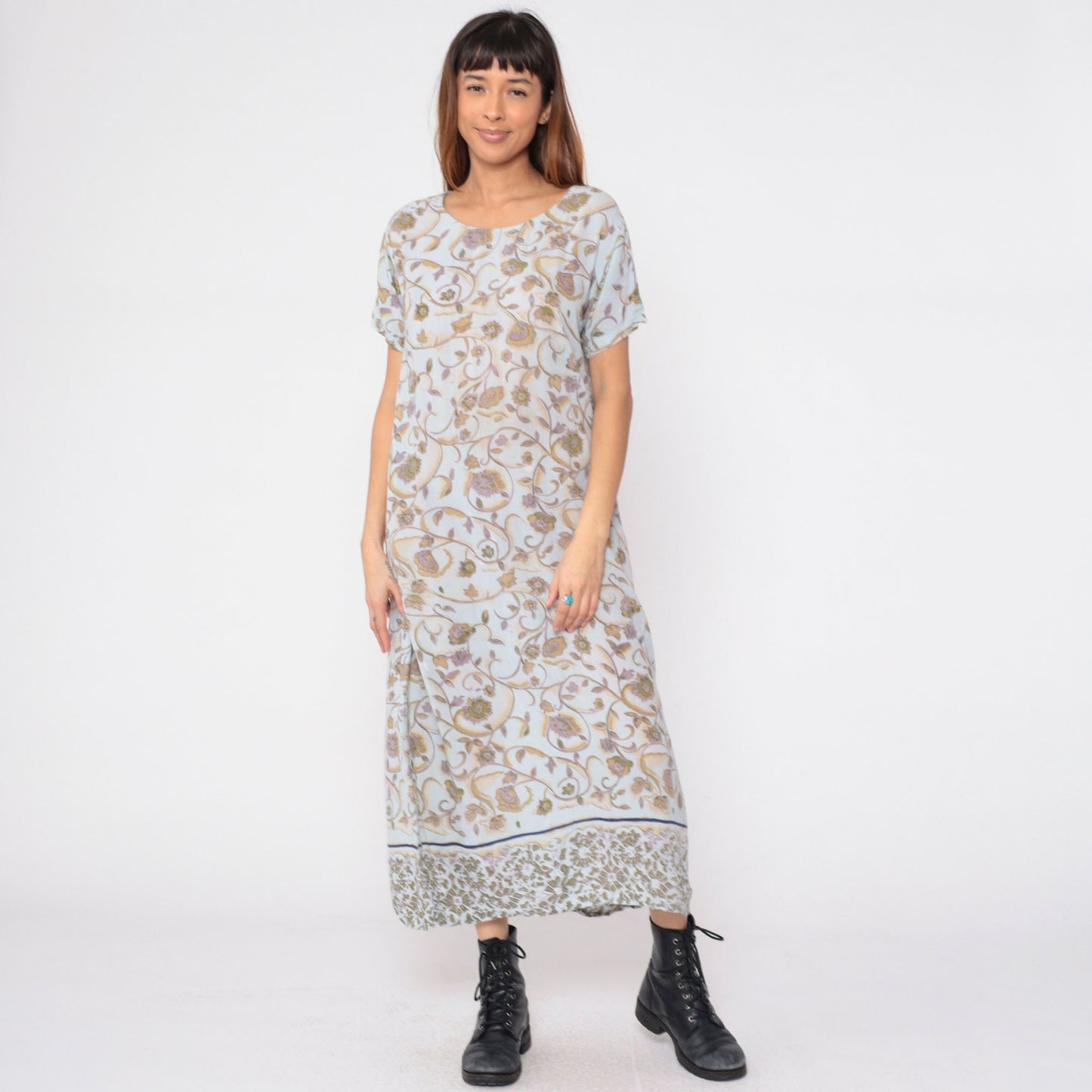 Y2K Indian Floral Midi Dress Light Blue Short Sleeve Small S