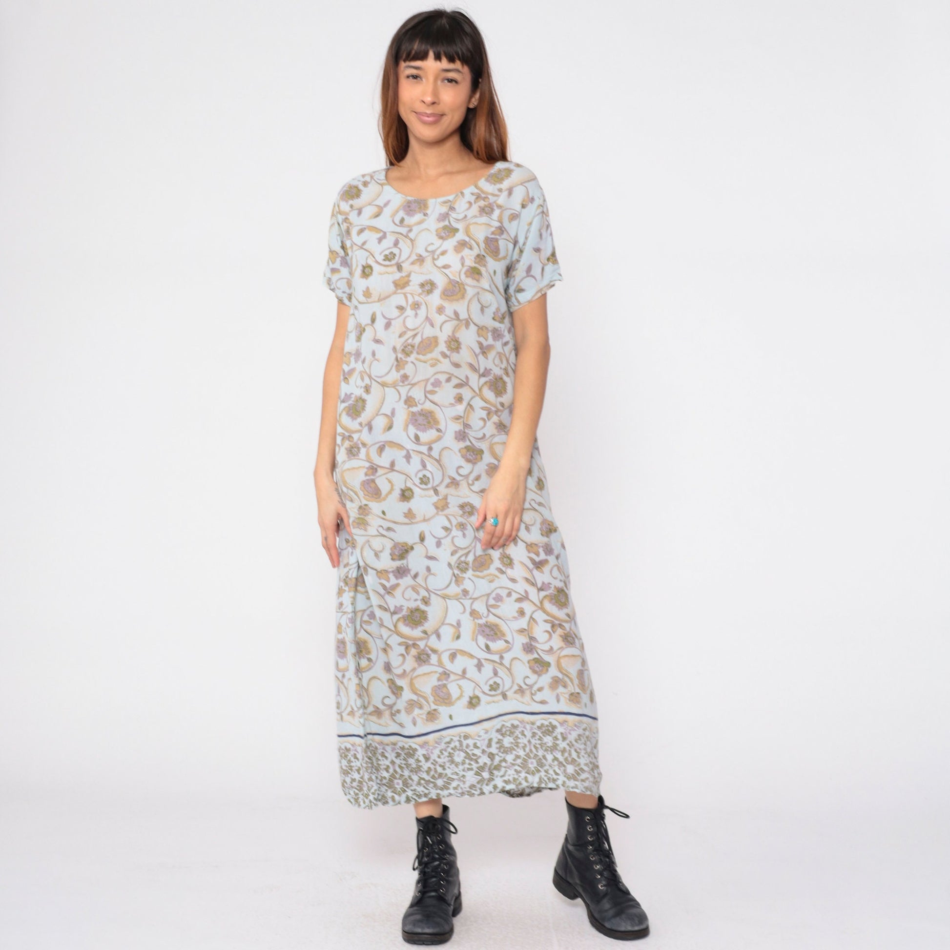 Y2K Indian Floral Midi Dress Light Blue Short Sleeve Small S