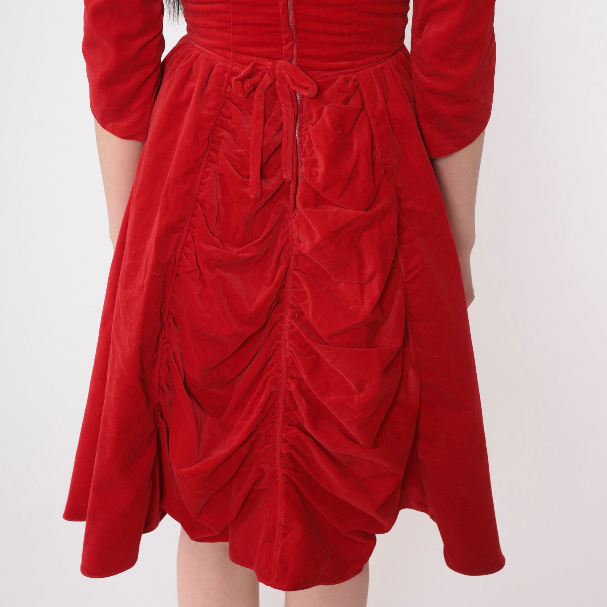 1960s Red Velvet Party Dress High Waist Fit and Flare 3/4 Sleeve Extra Small