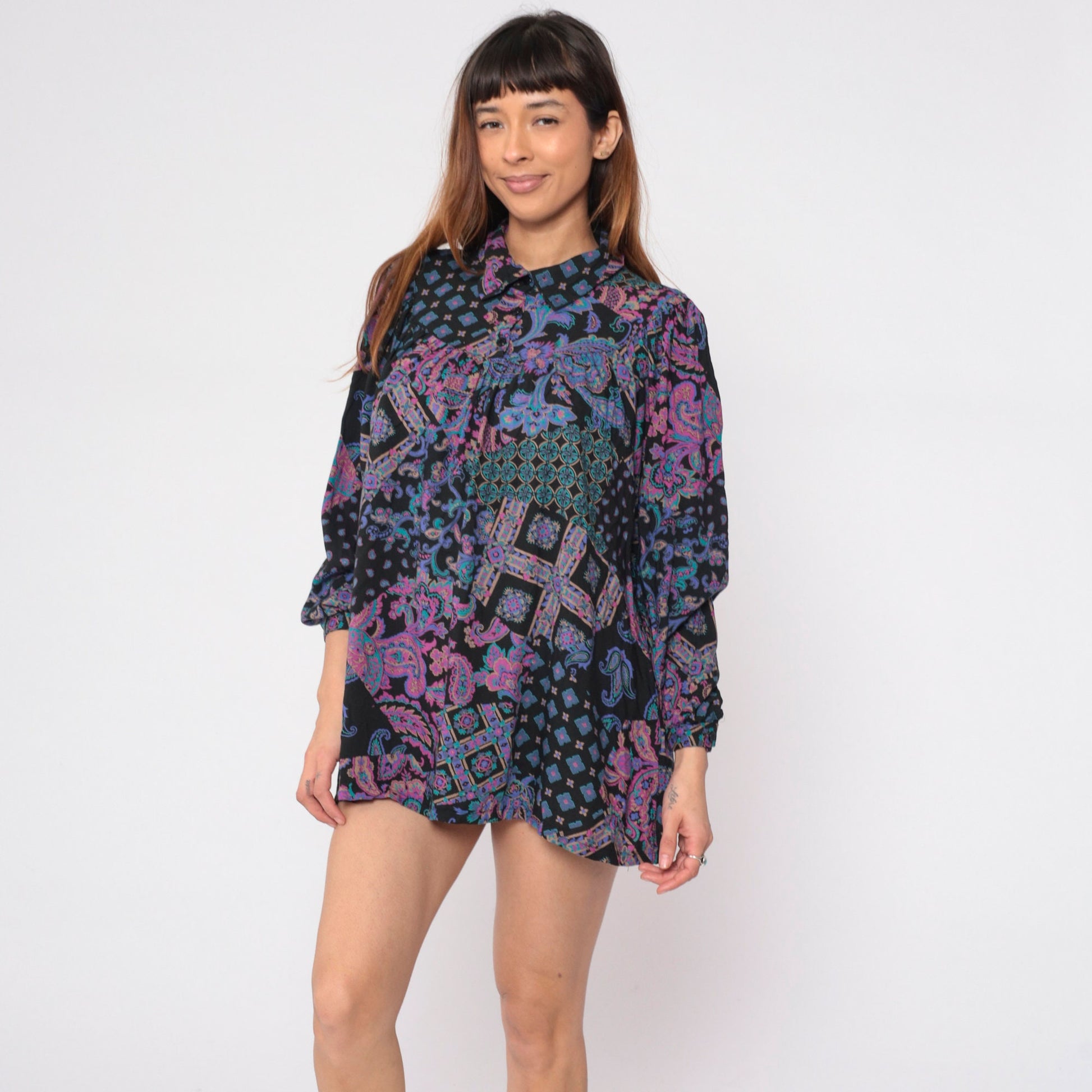 90s Black Abstract Floral Paisley Tunic Mini Dress Puff Sleeve Collared Medium Large
