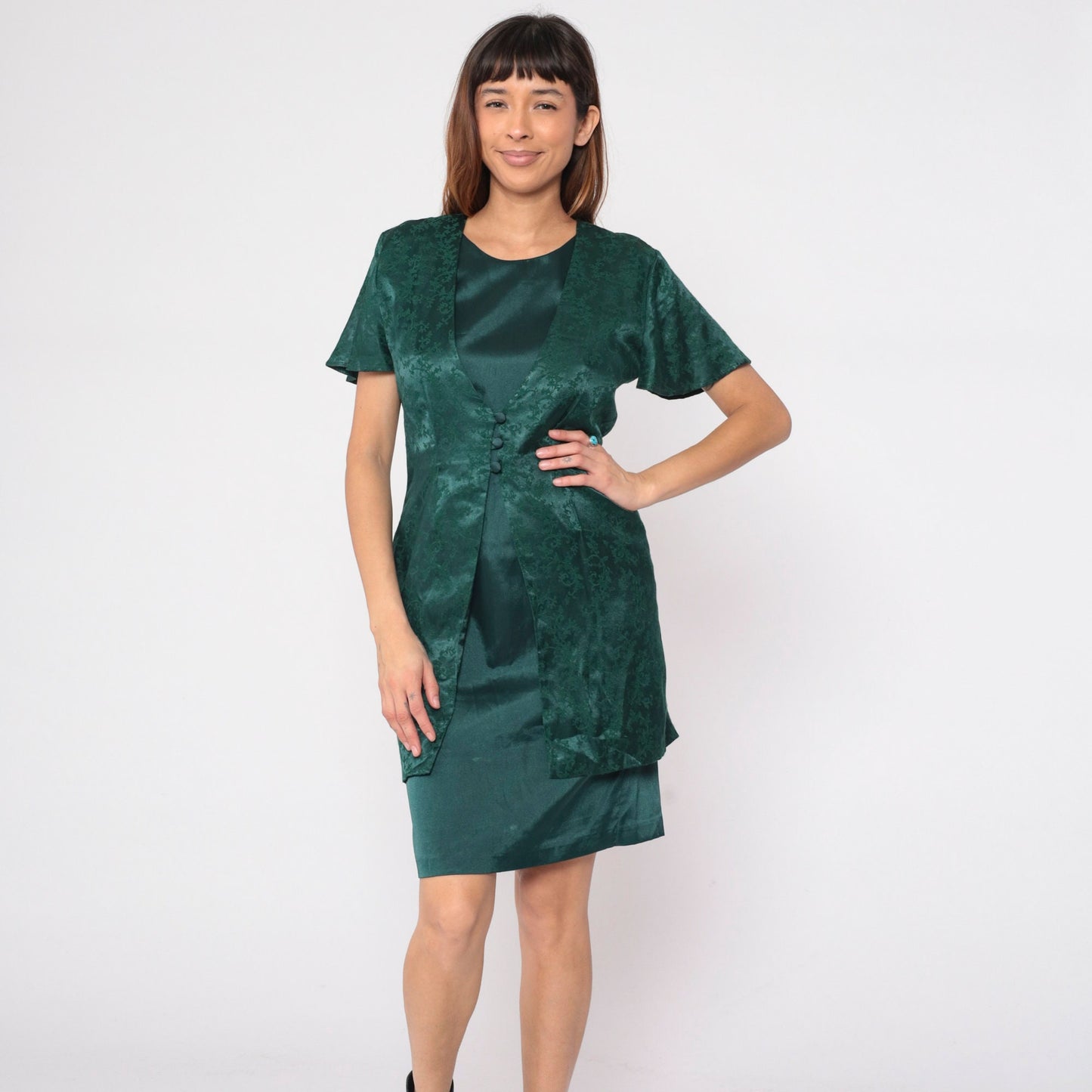 90s Olivia Rose Dark Green Floral Embossed Vest Dress Mini Pencil Medium