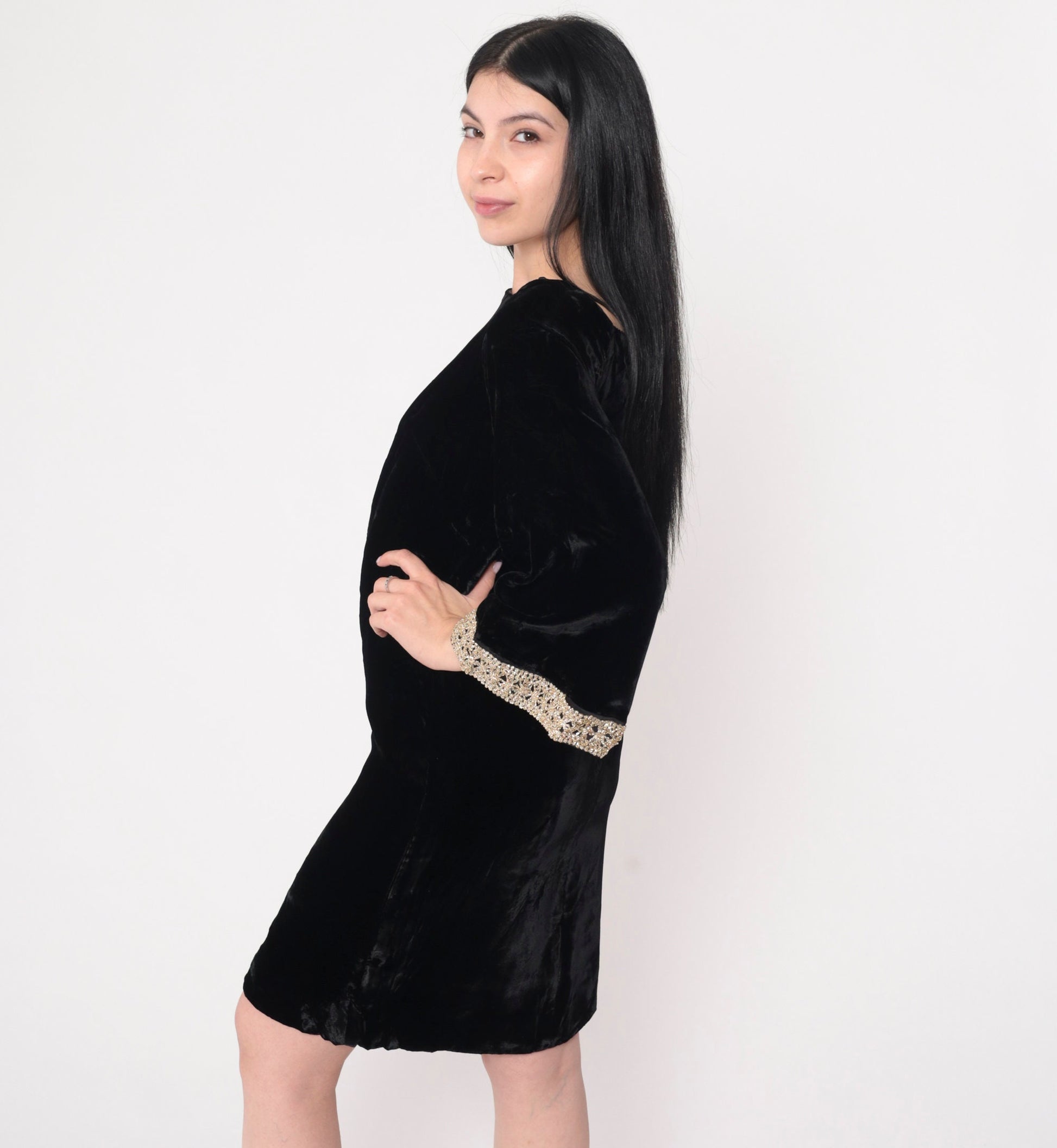 60s Black Velvet Mini Dress Metallic Bell Sleeve Shift Square Neckline Small